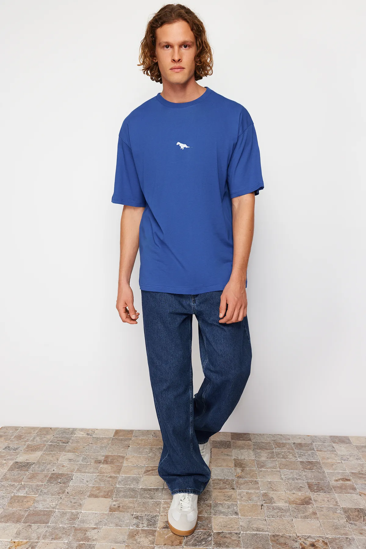 Trendyol Collection  Indigofarbenes, übergroßes/weit geschnittenes, kurzärmliges, mit Dinosauriern besticktes T-Shirt aus 100 % Baumwolle TMNSS23TS00243