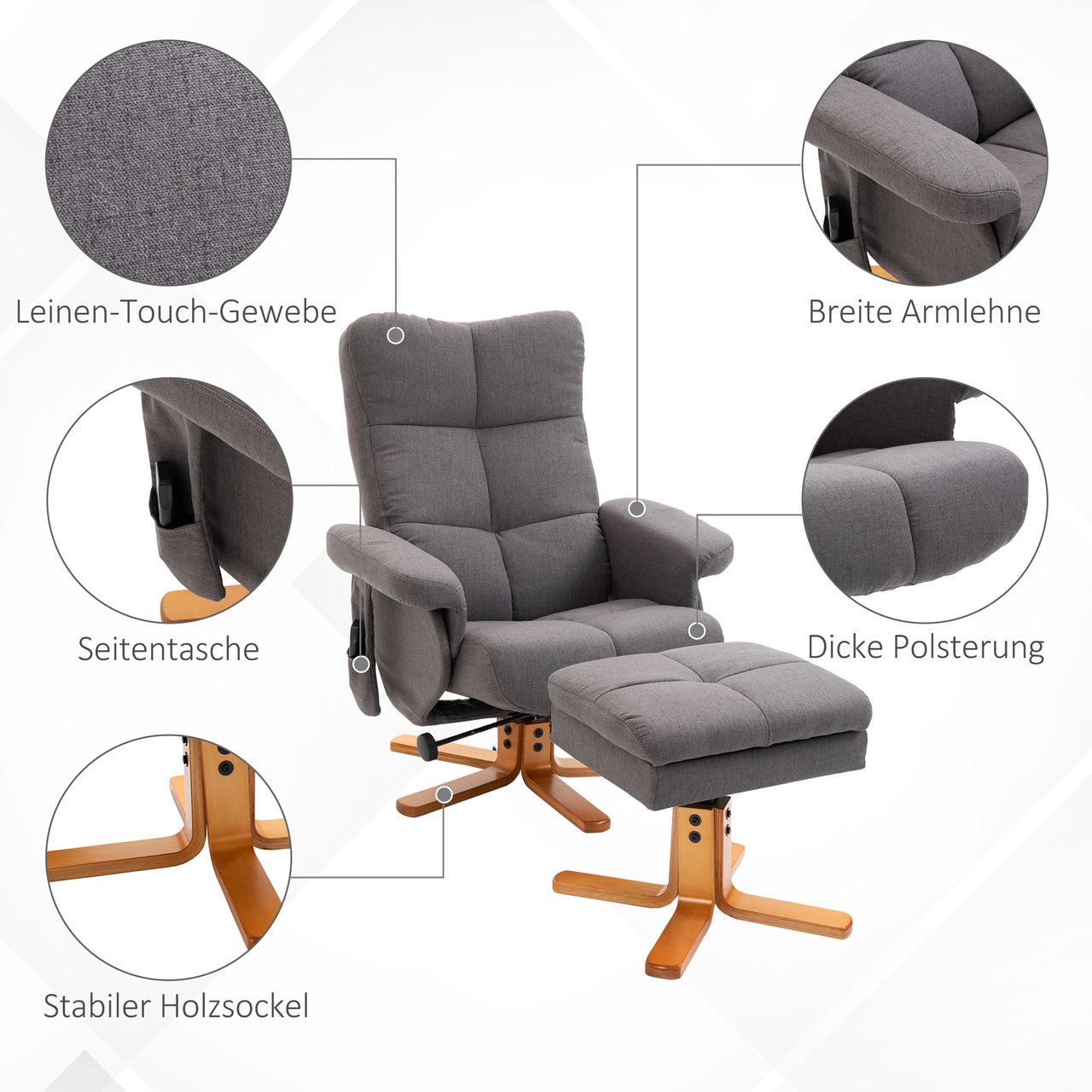 HOMCOM Relaxsessel Massagesessel mit Fußhocker Liegefunktion Dunkelgrau