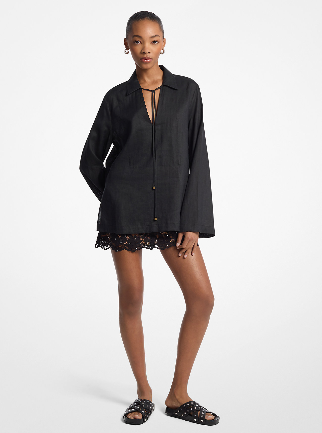 Ramie Collared Tunic Top - BLACK