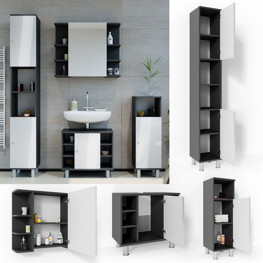 Vicco Badmöbel-Set Badezimmerset FYNN Anthrazit Weiß Set 4, (4-er Set, 4-St., 4-er Set)