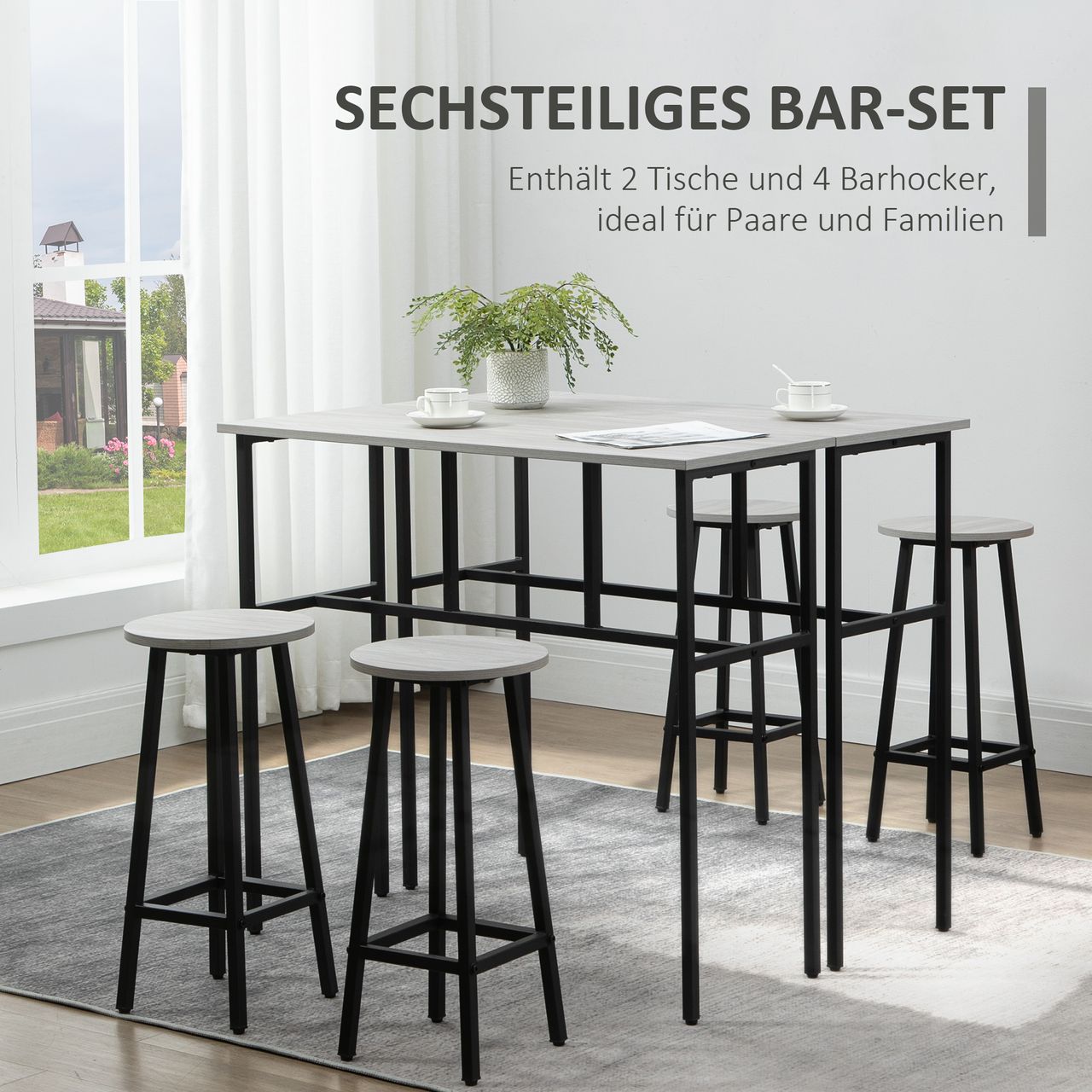 HOMCOM 6-teilig Essgruppe 2 Bartisch mit 4 Stühlen im Industrial Design Grau