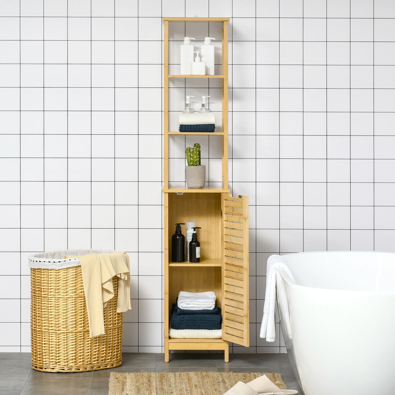 kleankin Badezimmerschrank Badezimmer Hochschrank mit 3 offenen Fächer Natur