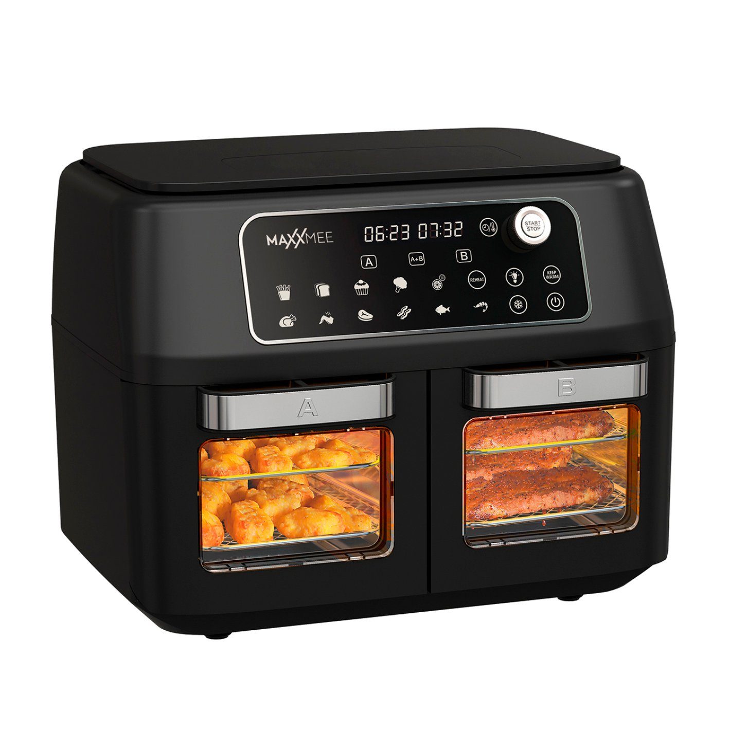MAXXMEE Heißluftfritteuse Doppelkammer 11L 2 x 5,5l digitale Bedienung & Sichtfenster, 2400,00 W, besonders fettarm