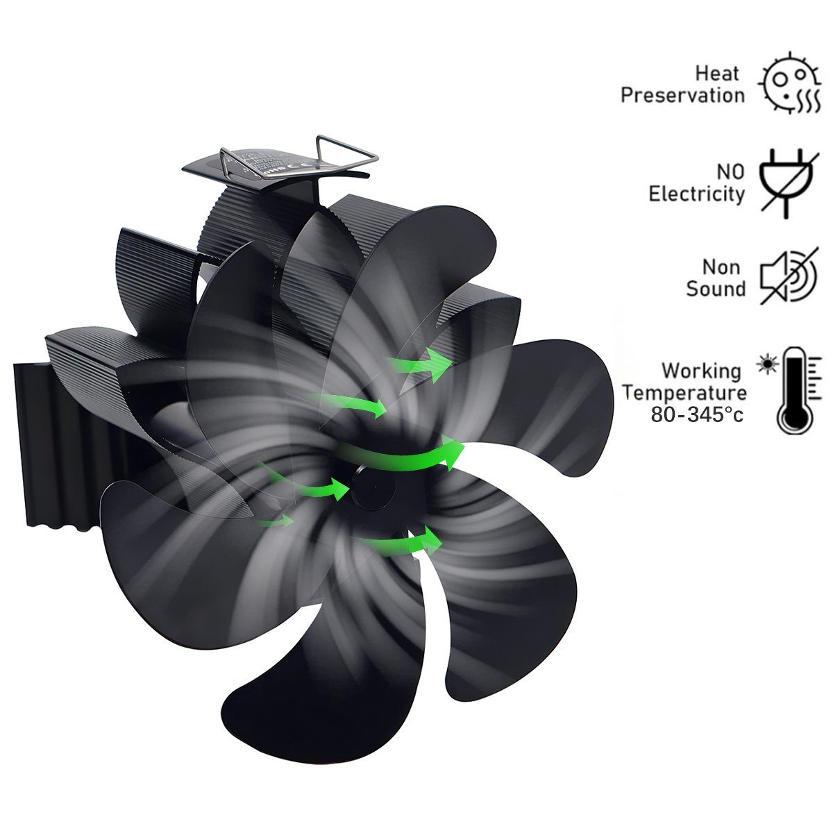 meeteu Kaminventilator 6 Flügel Kaminofen Ventilator Ofenventilator, Wärmeverteilung