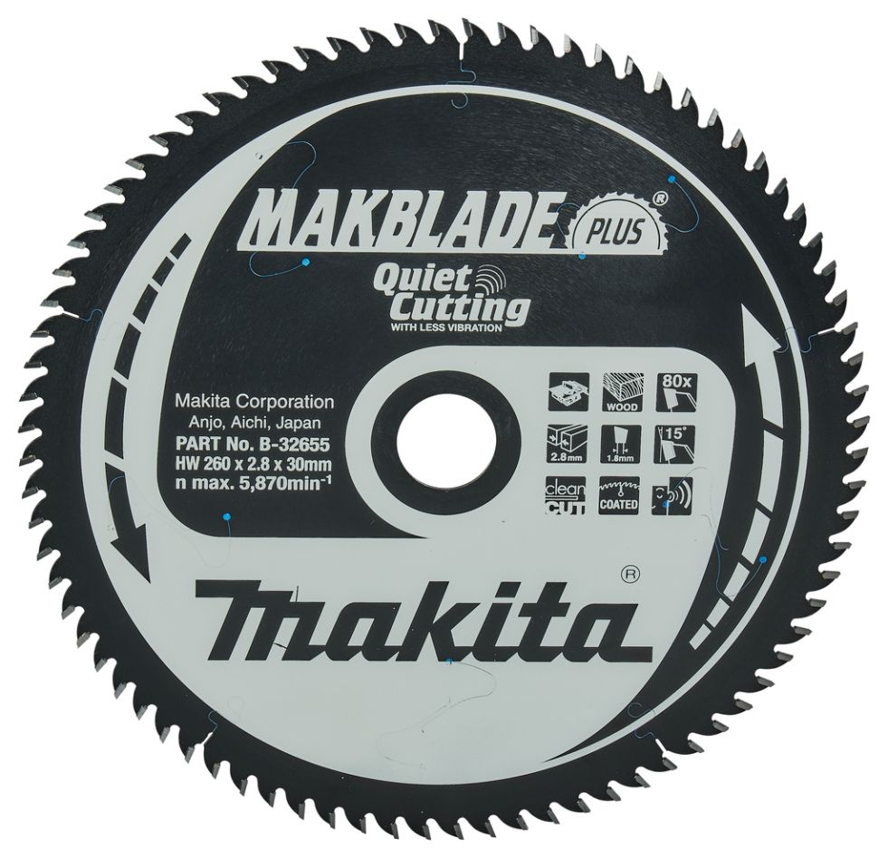 Makita Zubehör B-32655 Makblade-Plus 260x30x2,8 80T 15g Tischkreissägeblatt für Holz