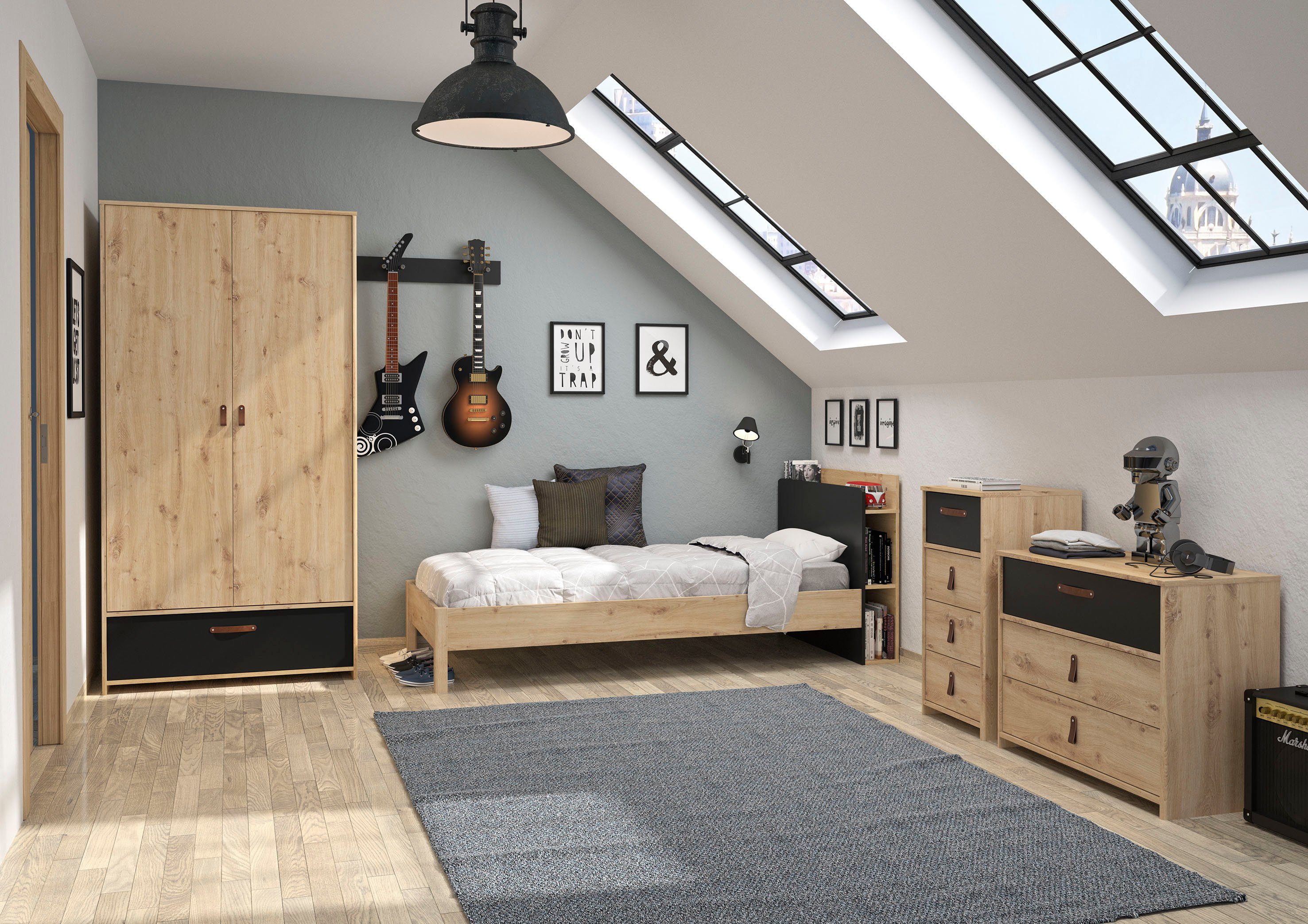 Gami Jugendzimmer-Set Arthus, (5-St., Bett mit Kopfteil, Kleiderschrank, Kommode, hohe Kommode)