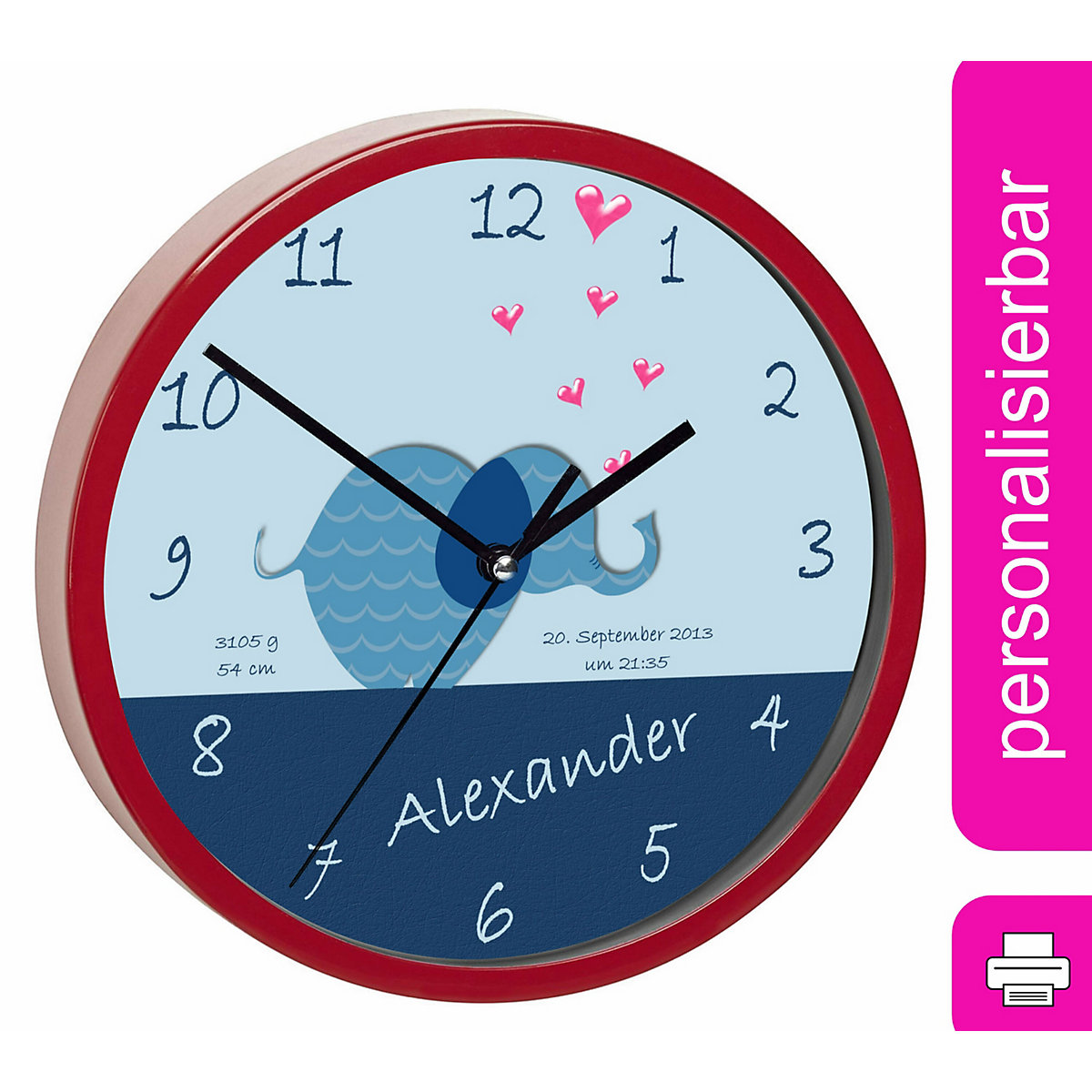 Kinder Wanduhr personalisiert mit Name Elefant blau
