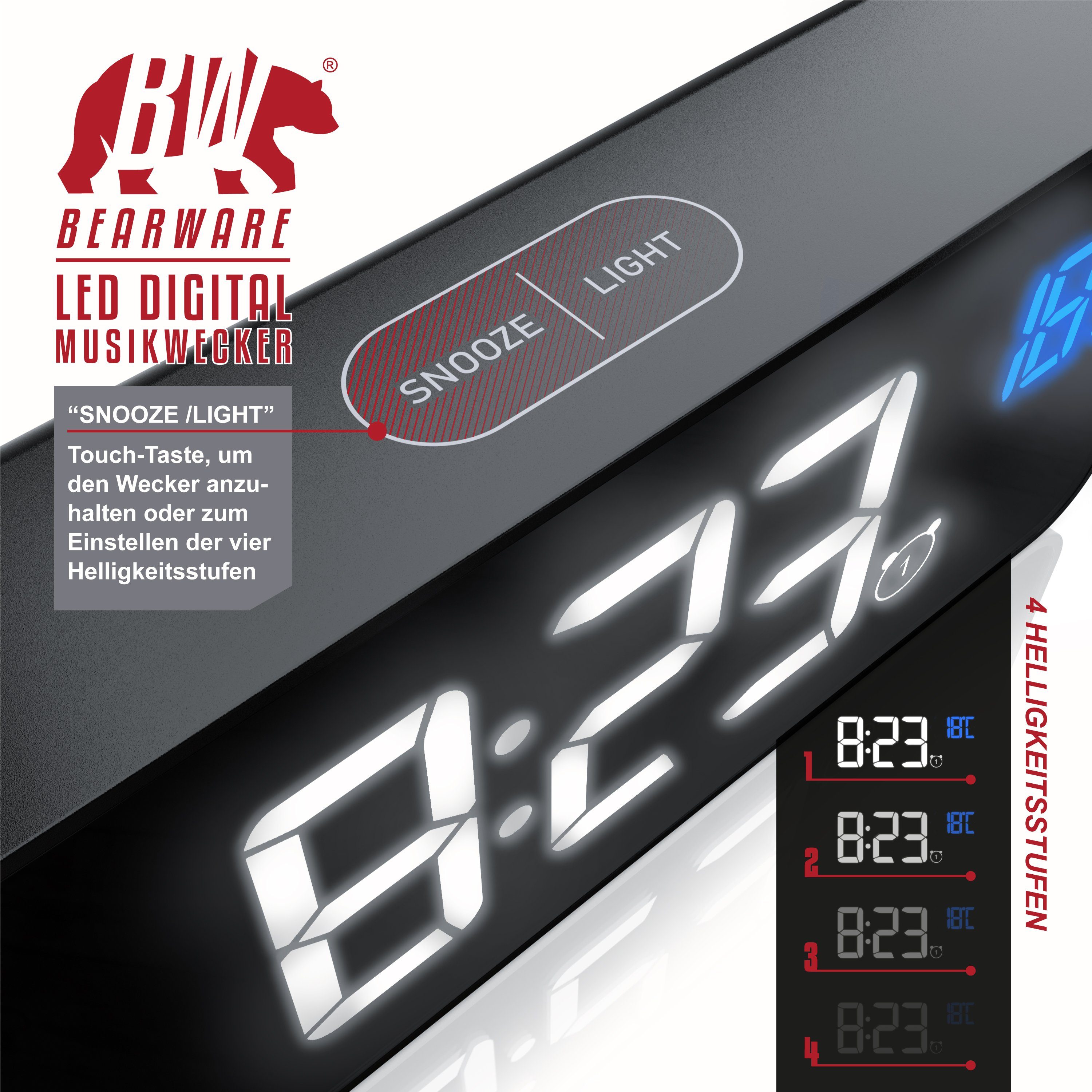 BEARWARE Wecker Musikwecker digital Temperaturanzeige, Reisewecker mit Netzteil & Akku