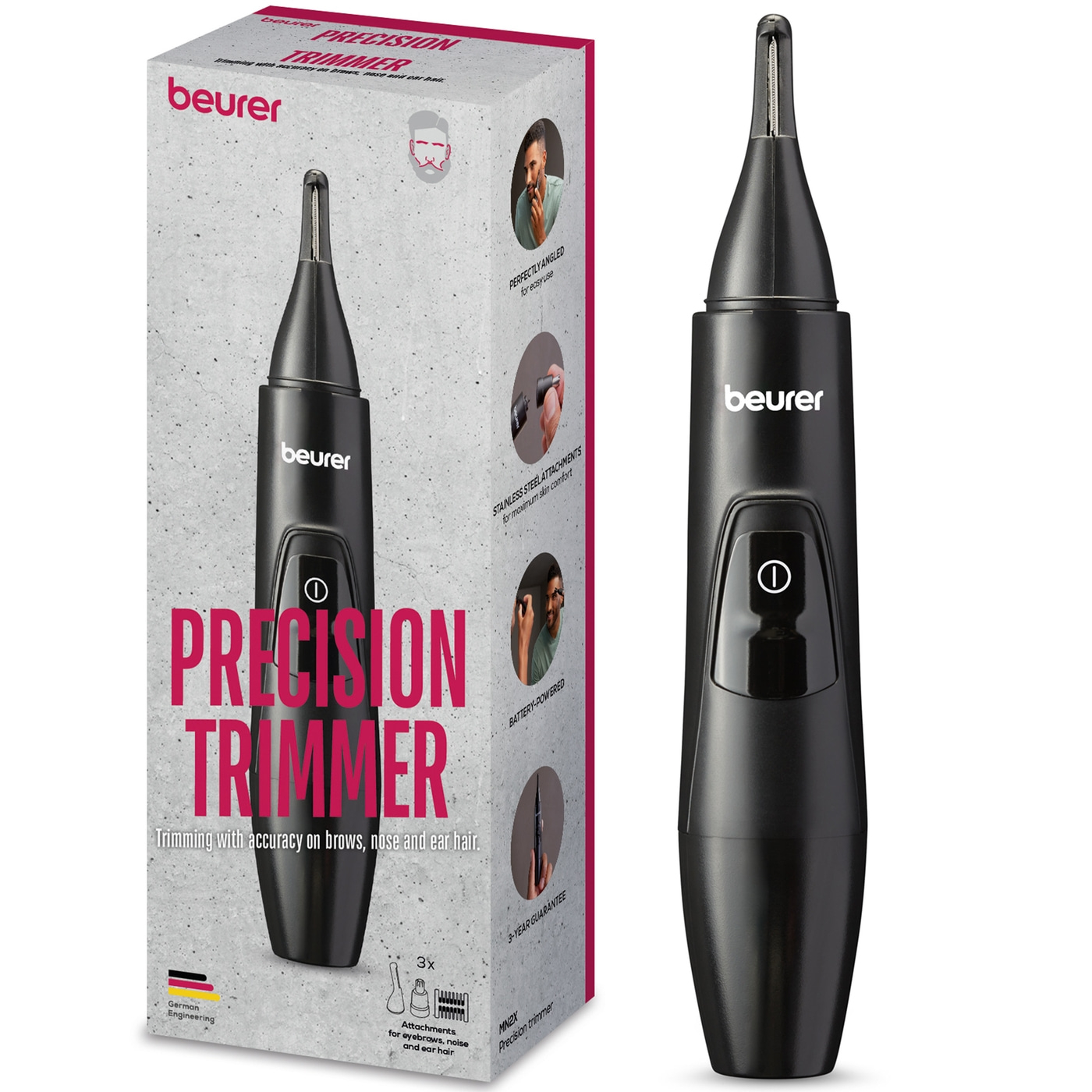 Beurer Präzisionstrimmer MN2X-Mit 3 Aufsätzen zum präzisen Trimmen und Formen von Augenbrauen, Nasen- und Ohrhaaren