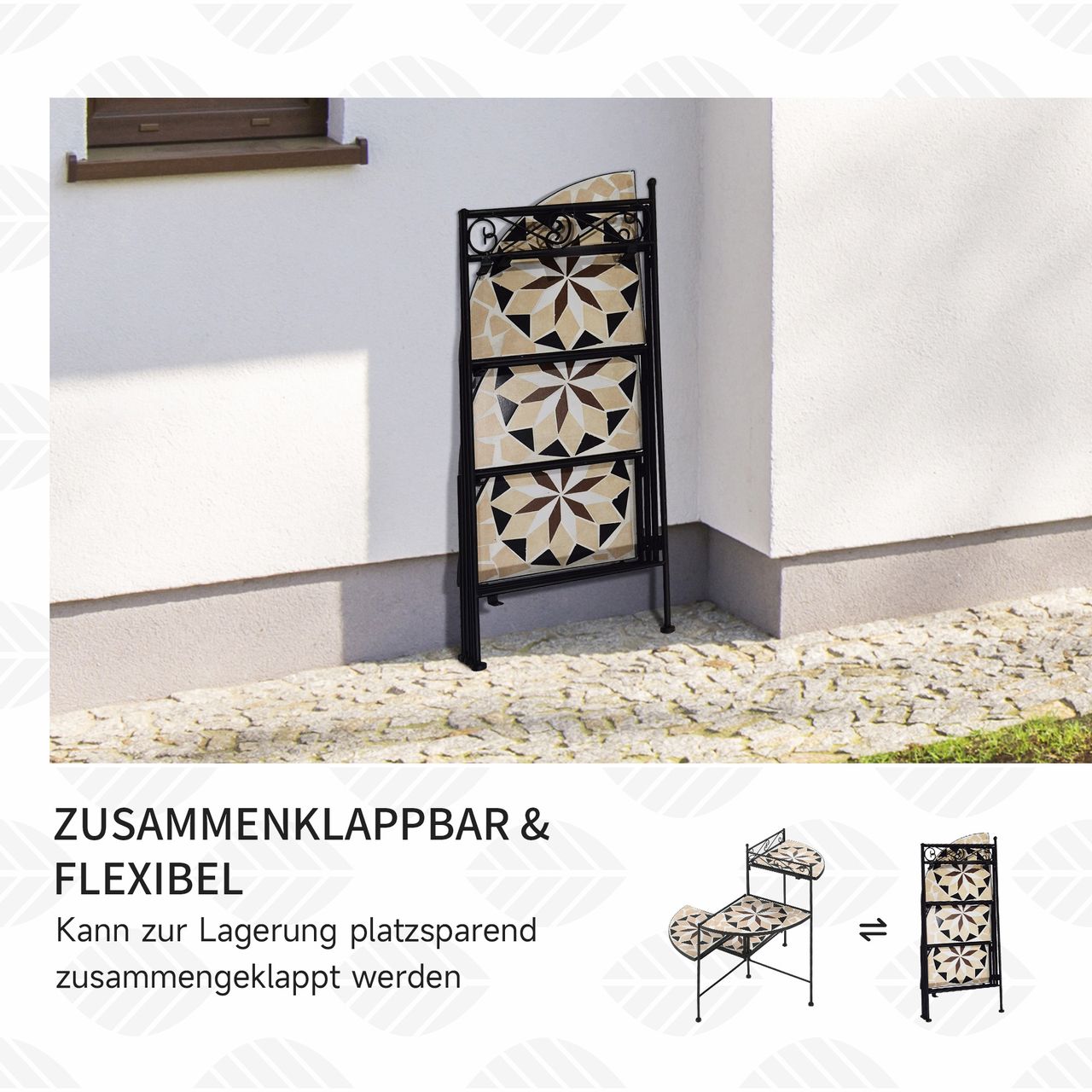 Outsunny Blumenständer 4-Stufe-Blumentreppe faltbar dekorative für Innen und Außen Garten Balkon Metall Keramikfliesen Schwarz Beige 64 x 64 x 72 cm
