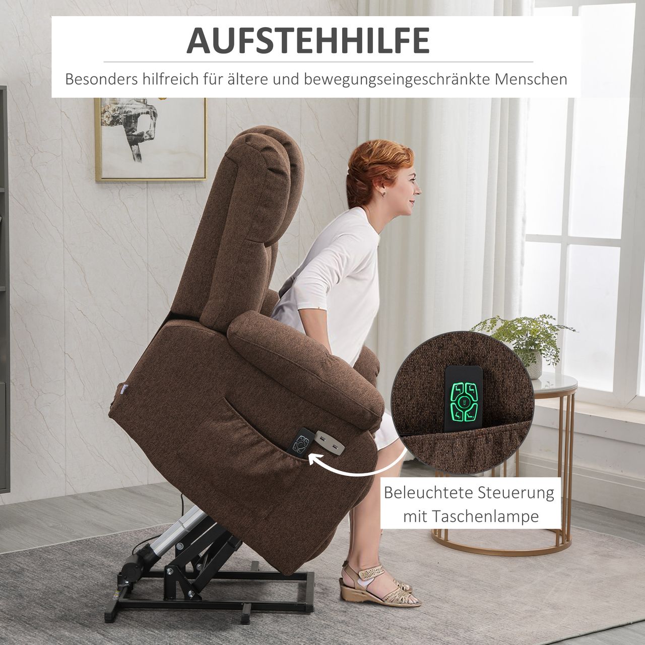 HOMCOM elektrischer Aufstehsessel Liegestuhl mit Fernbedienung 58W Braun