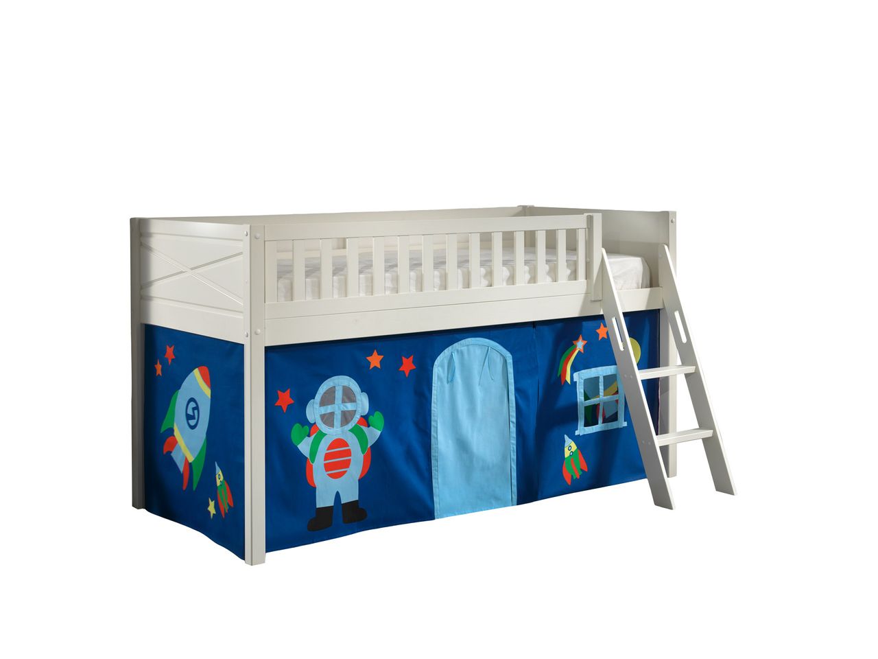 VIPACK Spielbett SCOTT, LF 90 x 200 cm, mit Rolllattenrost, Leiter und Textilset Vorhang 
