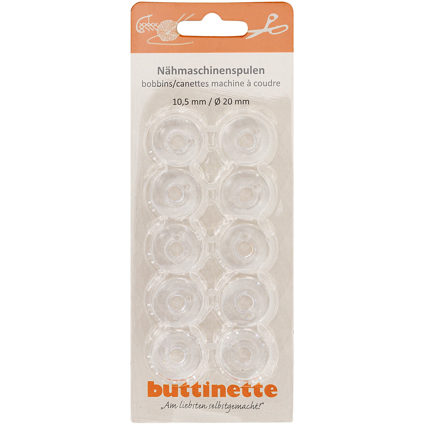 buttinette Nähmaschinenspulen für Horizontalgreifer, 20 mm Ø, Höhe: 10,5 mm, Inhalt: 10 Stück