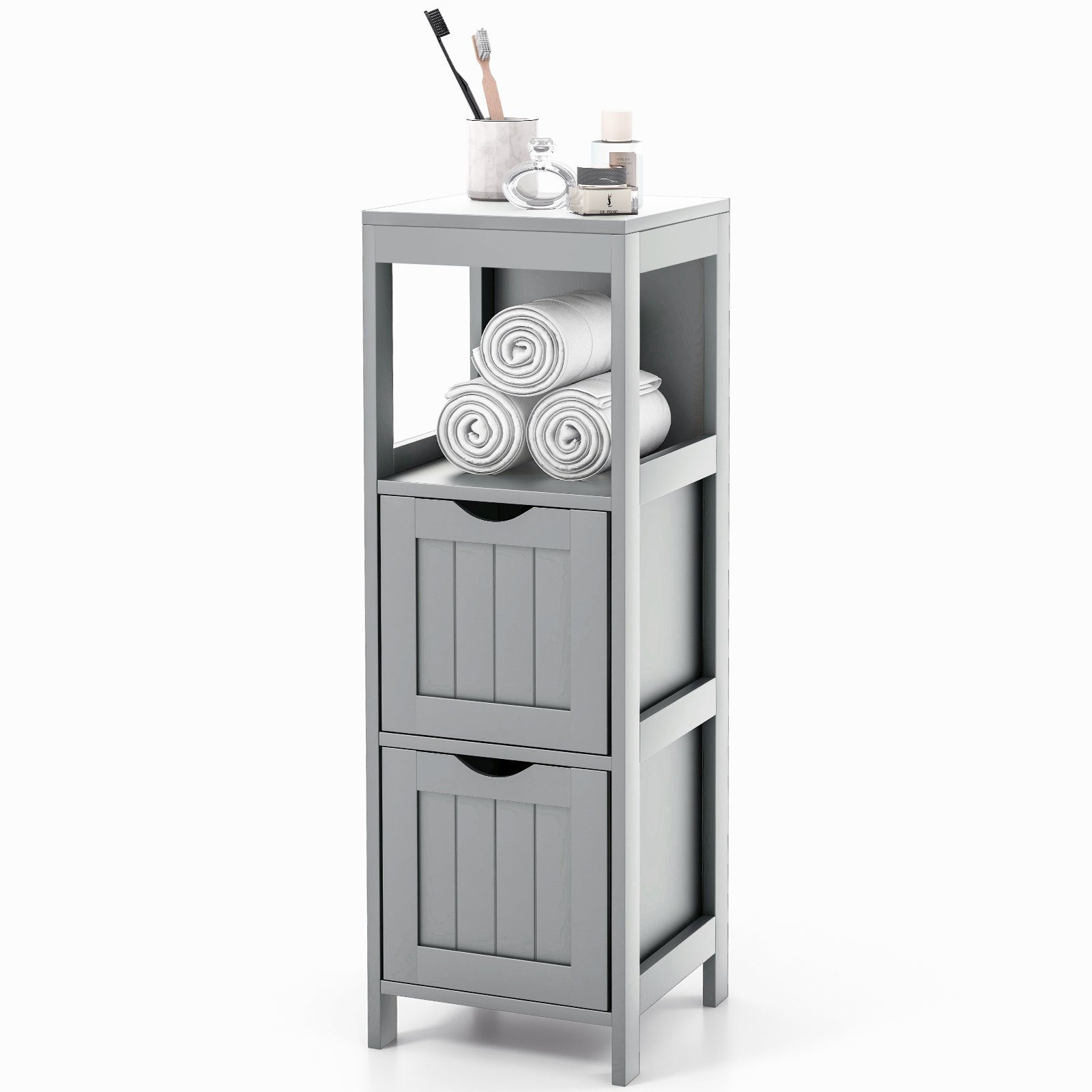 COSTWAY Badkommode, Badezimmerschrank, mit 2 Schubladen & Regal, 30x30x90cm