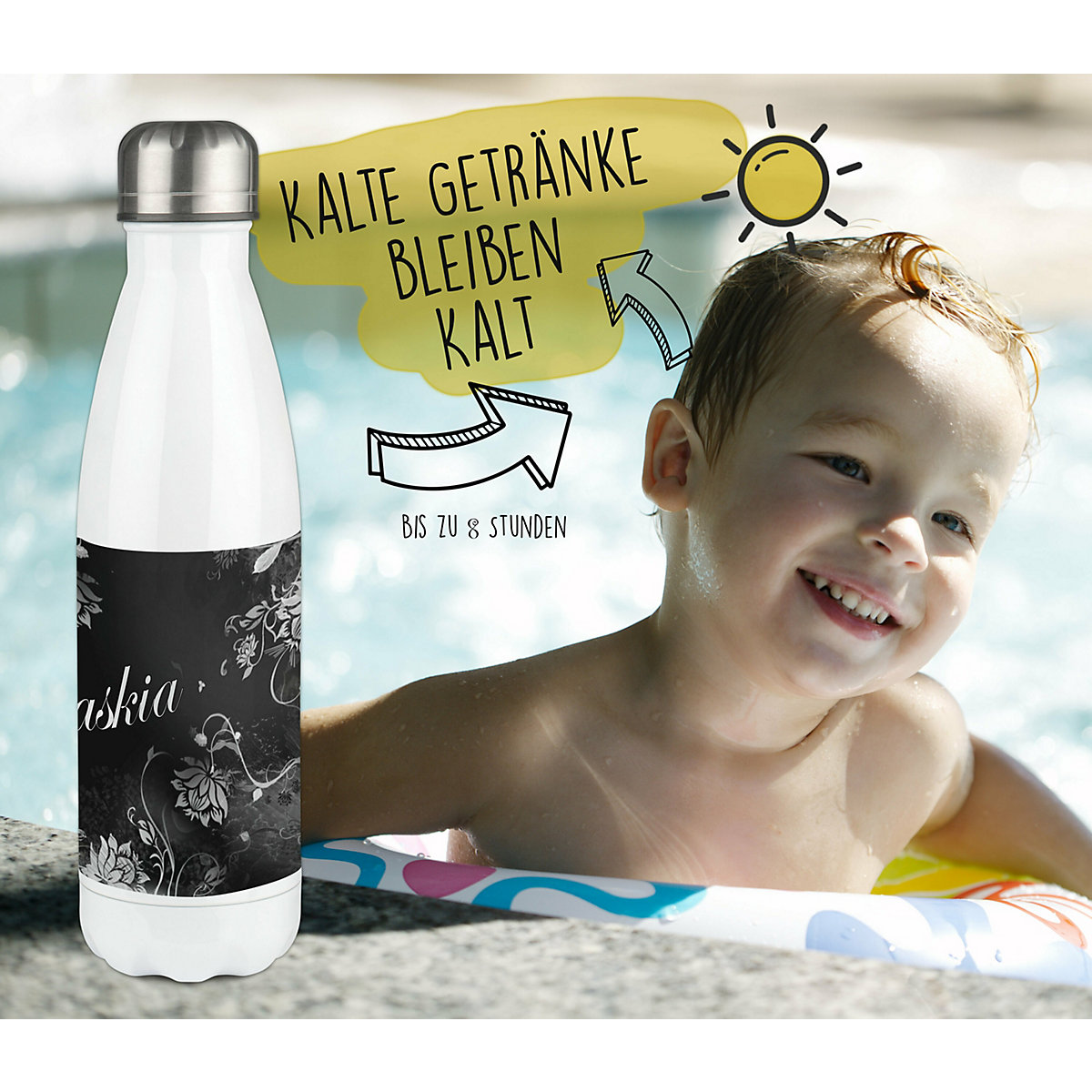 Edelstahl Kinder Thermoflasche / Trinkflasche bunt Blumenranke Farbe schwarz Spülmaschinenfest, Auslaufsicher, Bruchfest, Doppelwandig, Für Heißgetränke geeignet, Mit Deckel, Isoliert