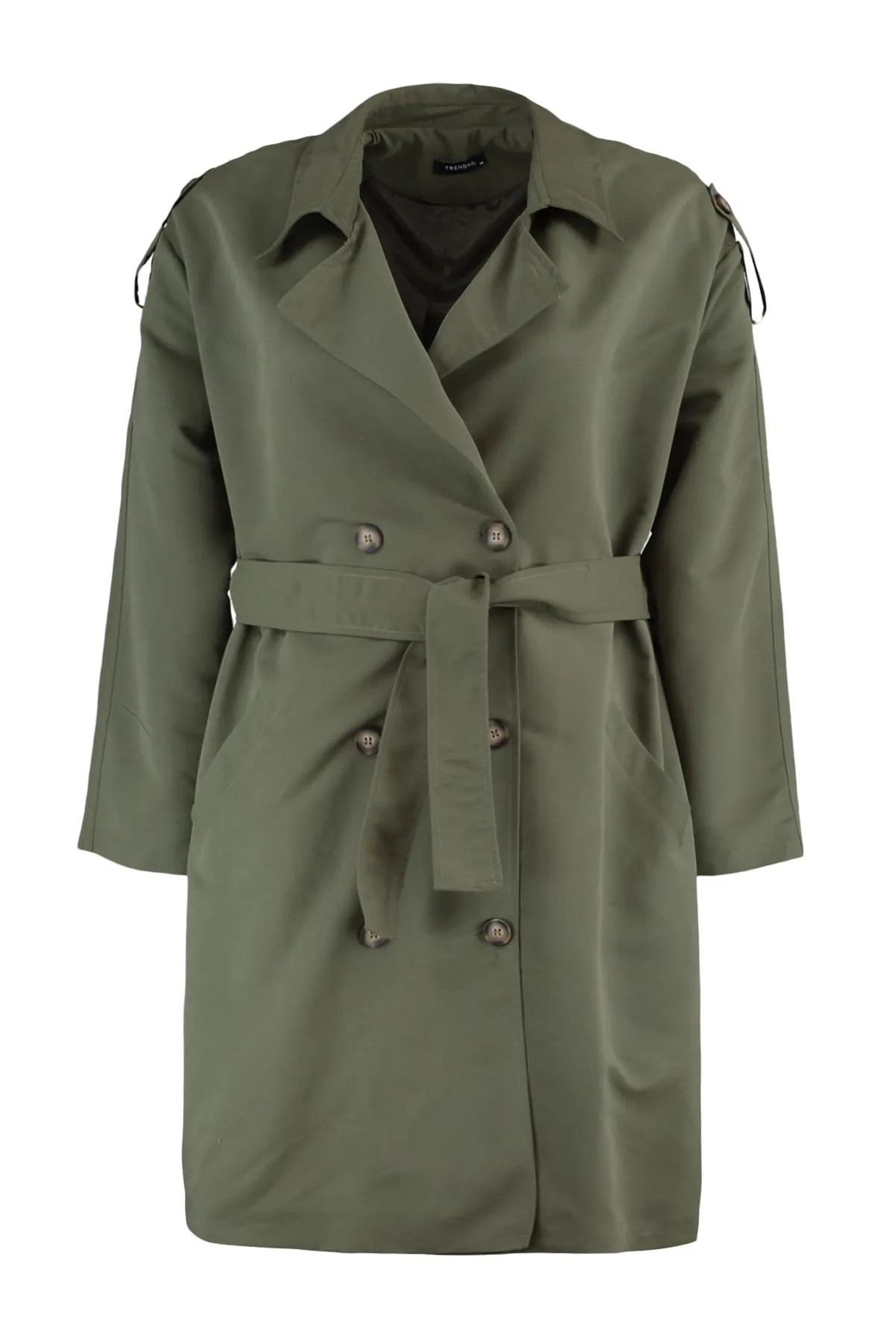 Trendyol Curve  Khakifarbener Trenchcoat mit Schulterklappen, detailliertem Jackenkragen und Gürtel, breiter Passform TBBAW23BM00001