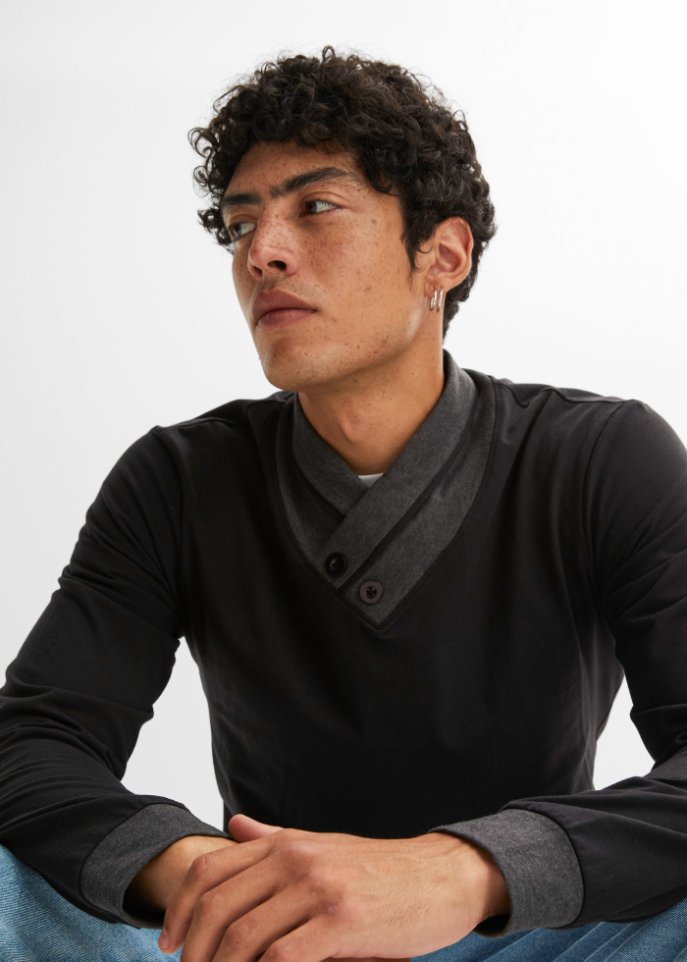 Langarmshirt mit Schalkragen, Slim Fit
