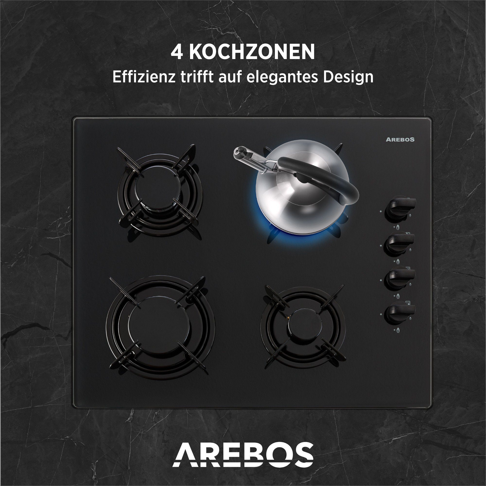 Arebos Gas-Kochfeld Gasherd AR-HE-GH63, Geeignet für Erdgas oder Propangas, Gasherd, Gaskocher
