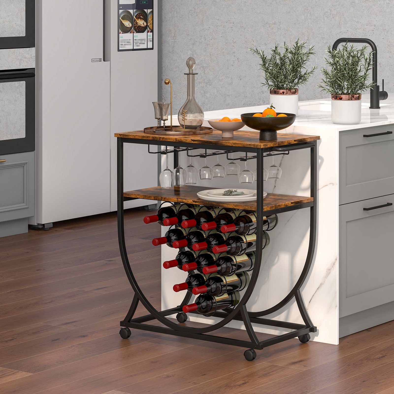 COSTWAY Weinregal, stehend, mit Rollen, Metall, für 15 Flaschen&9 Glashaltern