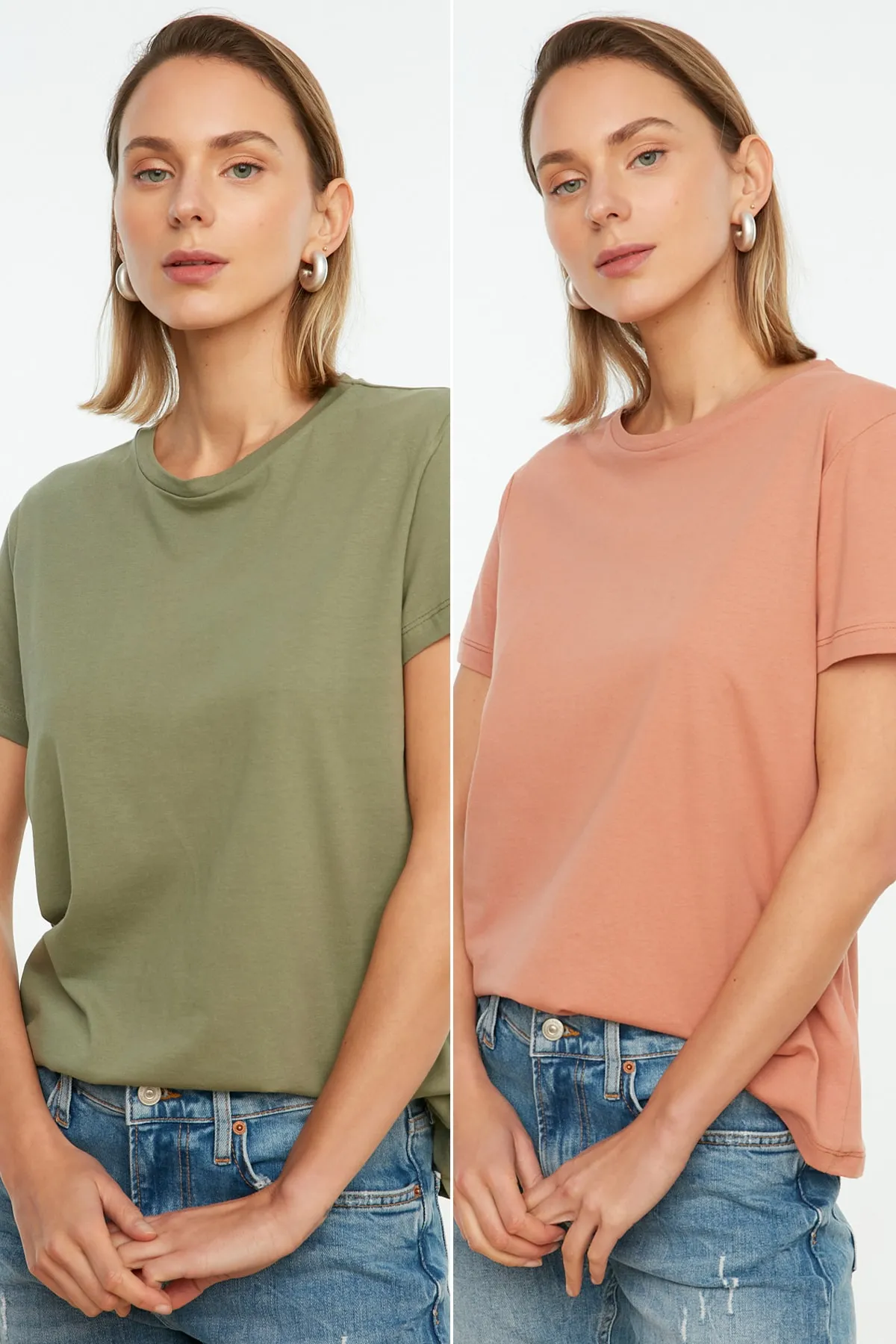 Trendyol Collection  Khaki-Lachsfarbenes 2er-Pack gestricktes T-Shirt mit Rundhalsausschnitt aus 100 % Single-Jersey-Baumwolle TWOSS20TS0141