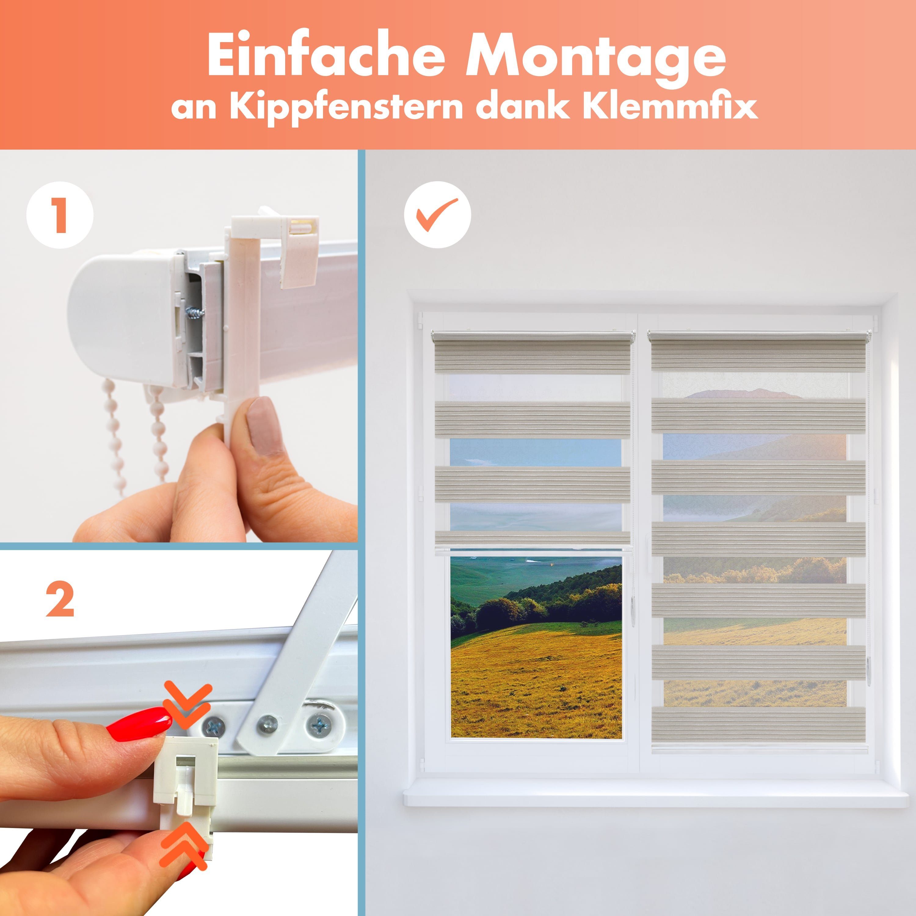 Doppelrollo für Fenster, Klemm Rollos ohne Bohren, Duo Rollo, Bailena, Lichtschutz, ohne Bohren, freihängend, Klemmfix, mit Glitzer Lux, Premium-Stoff