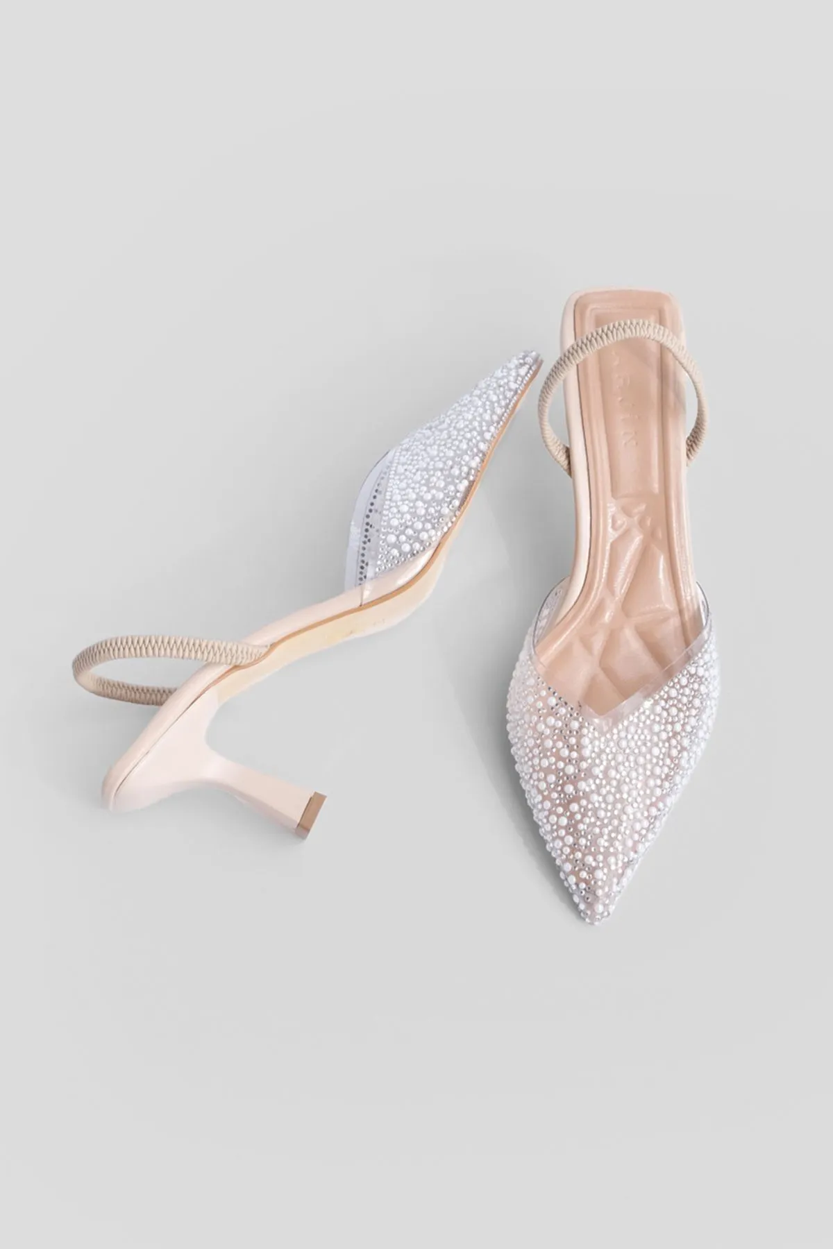 Marjin  Damen-Abendkleid mit Stiletto-Schmuck und spitzer Zehenpartie und offenem Rücken und Absatzschuhen Lala Beige