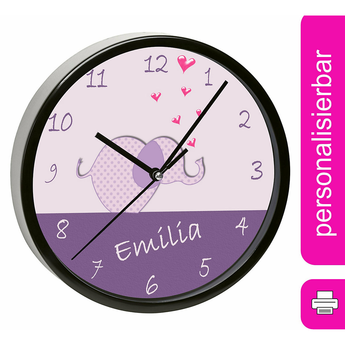 Kinder Wanduhr personalisiert mit Name Elefant lila