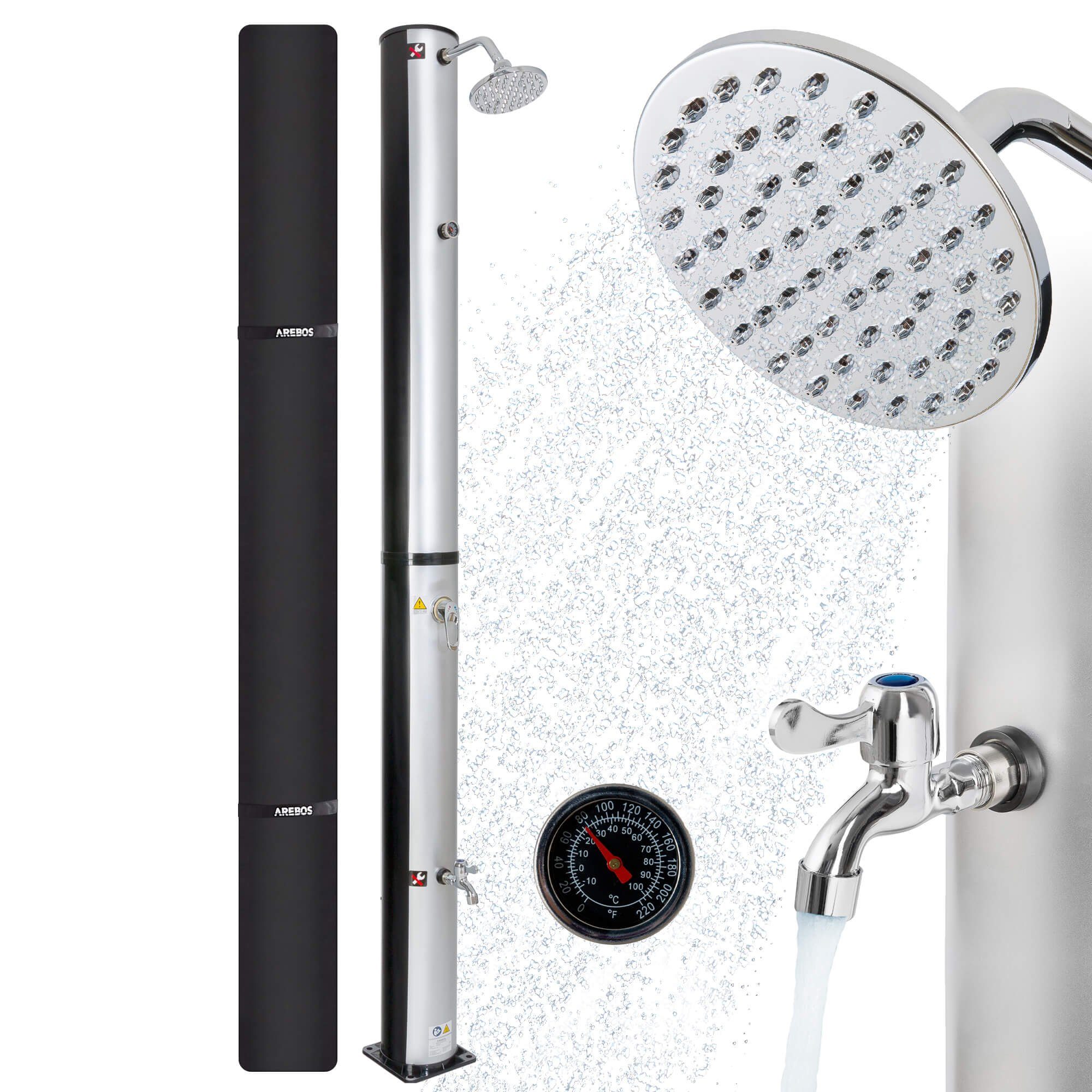 Arebos Solardusche 40 Liter, 220 cm, inkl. Abdeckhaube, bis 60°C (silber)