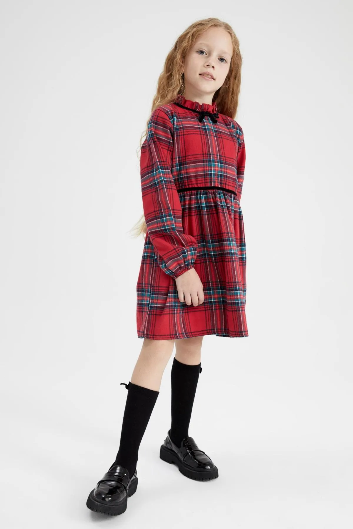 DeFacto  Kariertes Langarmkleid für Mädchen mit Neujahrsmotiv