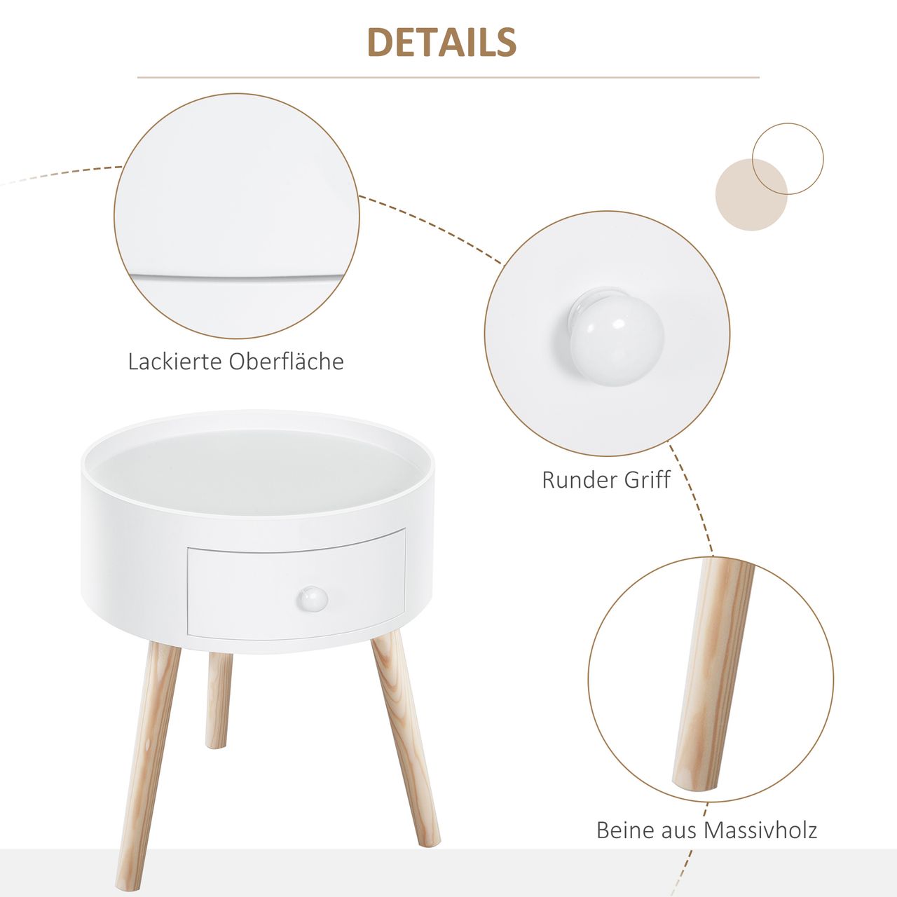 HOMCOM Couchtisch, Beistelltisch mit Schublade Runder Kaffeetisch bis 50 kg Weiß