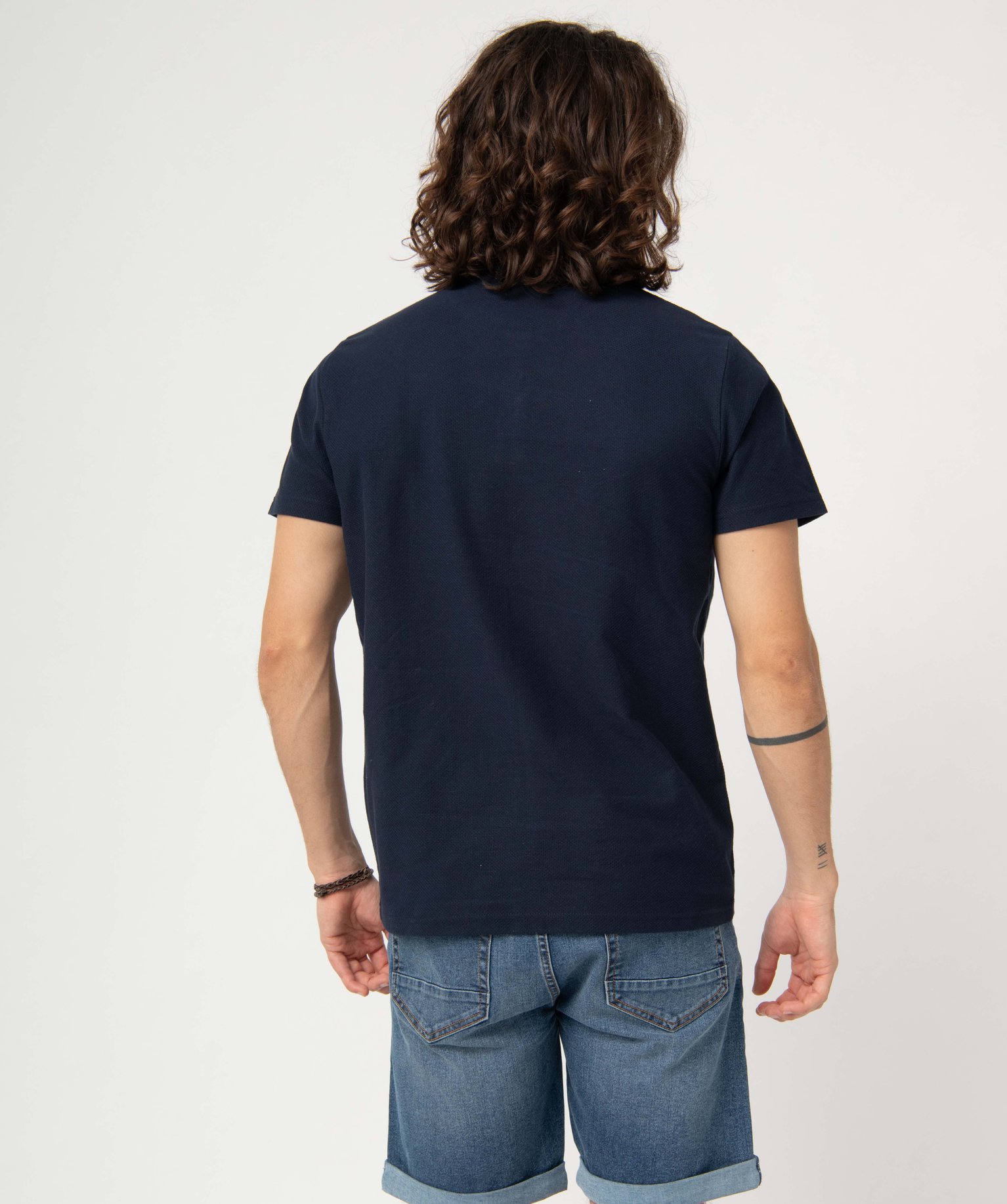 Tee-shirt homme col tunisien en maille texturée bleu fonce | GEMO