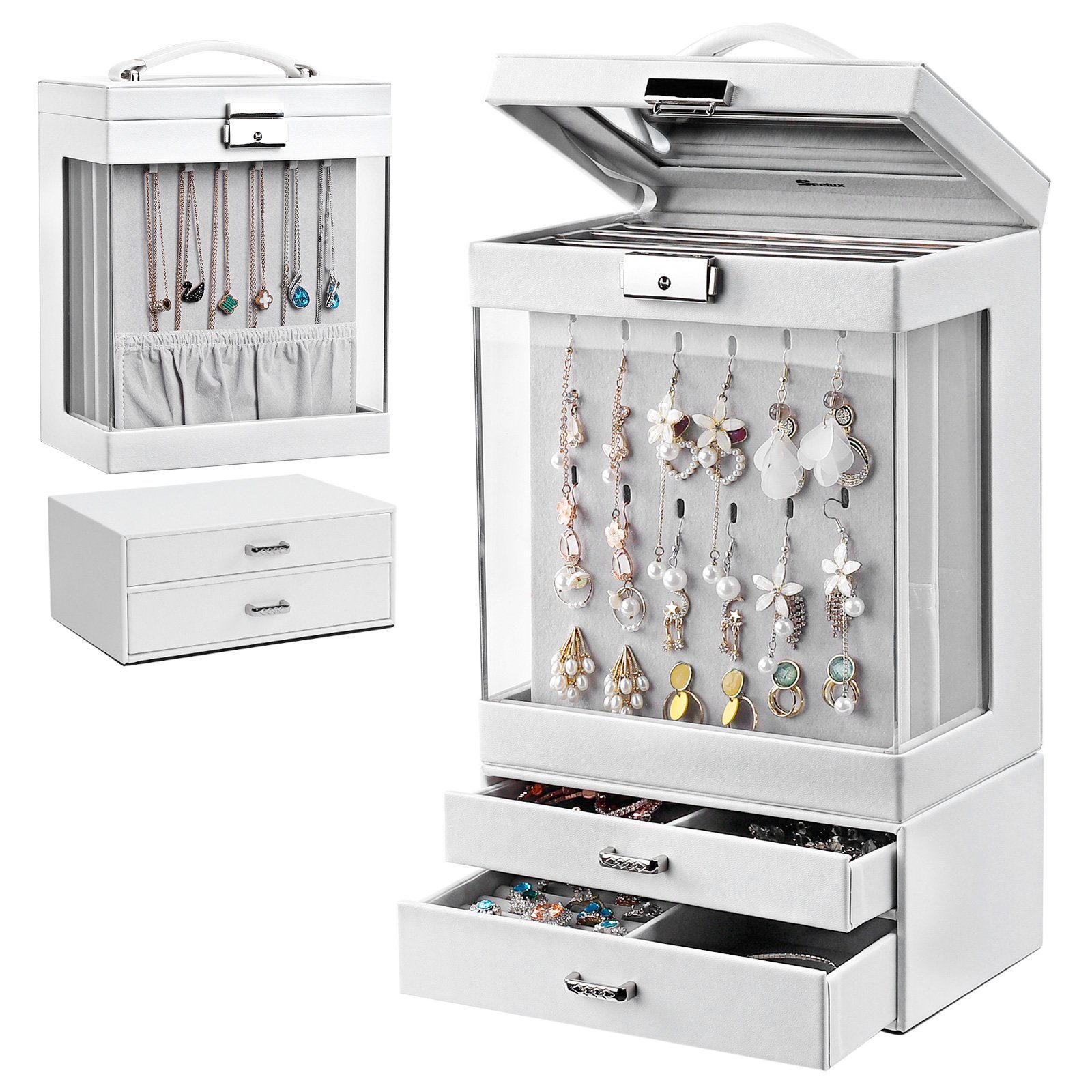 Yorbay Schmuckkasten Zweiteiliger Schmuckkoffer mit 4 Karten und 2 Schubladen, Weiß (Abschließbare Schmuckschatulle, Mit großem Sichtfenster, Mit Spiegel), Schmuckkästchen für Halsketten, Ringe, Armbänder, Ohrringe, Uhren