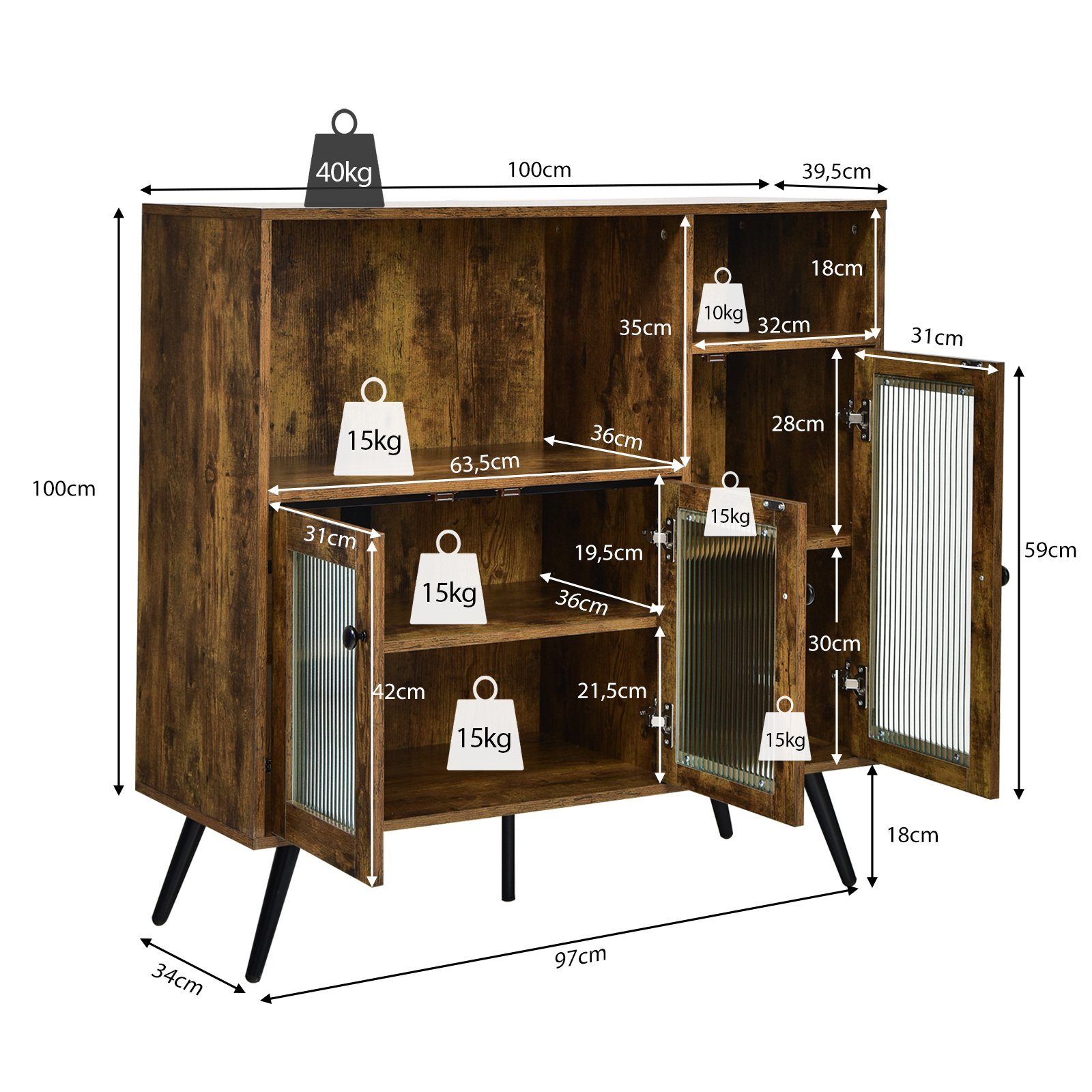COSTWAY Küchenbuffet mit Glastüren & Fächern, Kippschutz, 100x39,5x100cm