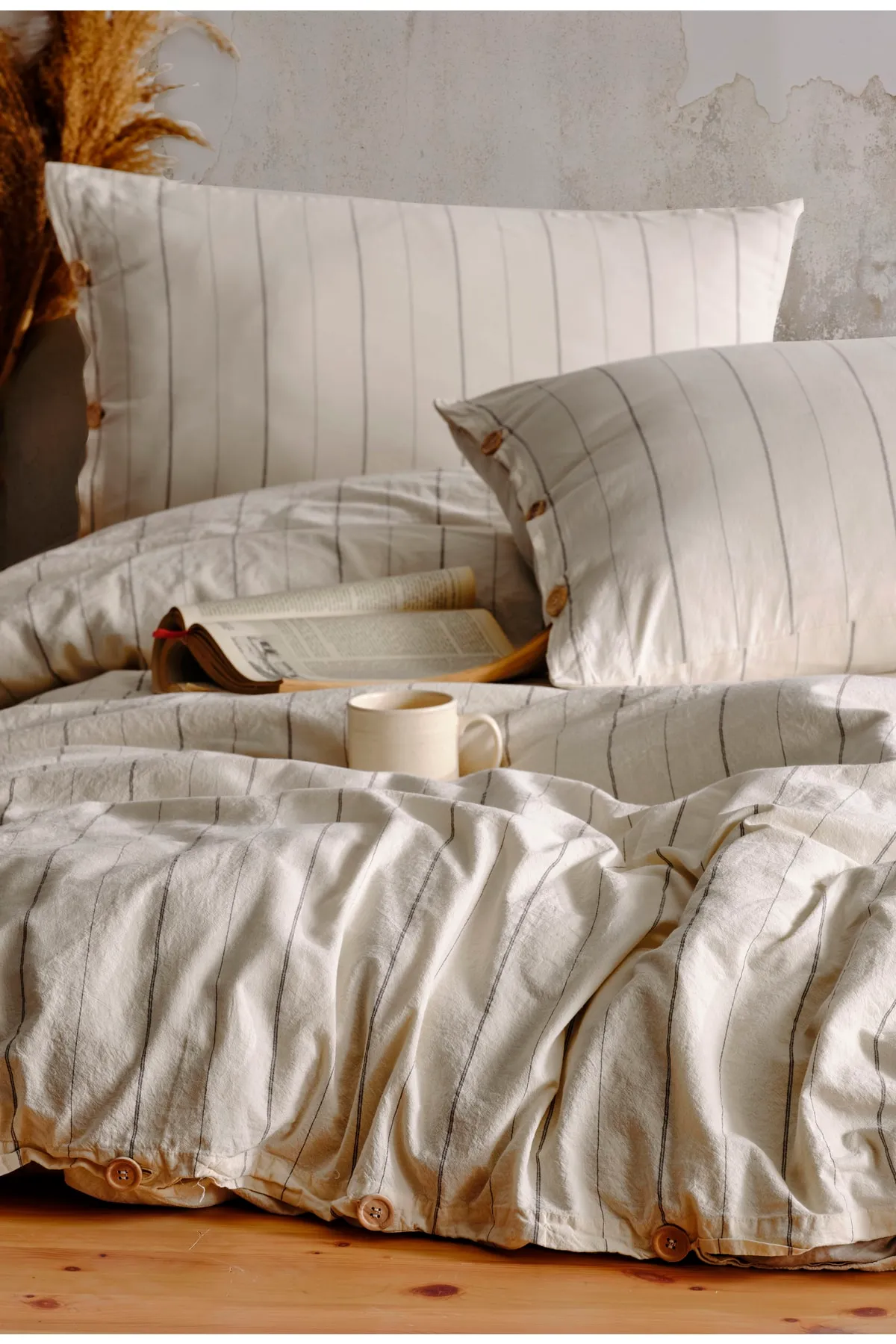Macas Home  Helen Bettwäsche-Set für Doppelbett, 100 % Baumwolle, garngefärbt, gewaschen, 200 x 220