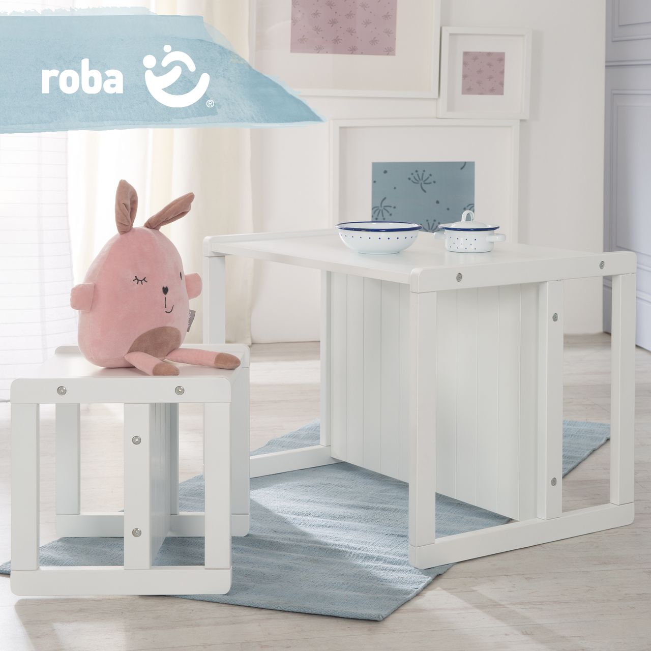 Roba Sitzbank im Landhausstil, weiß, durch Drehen in 2 Sitzhöhen oder als Kindertisch verwendbar