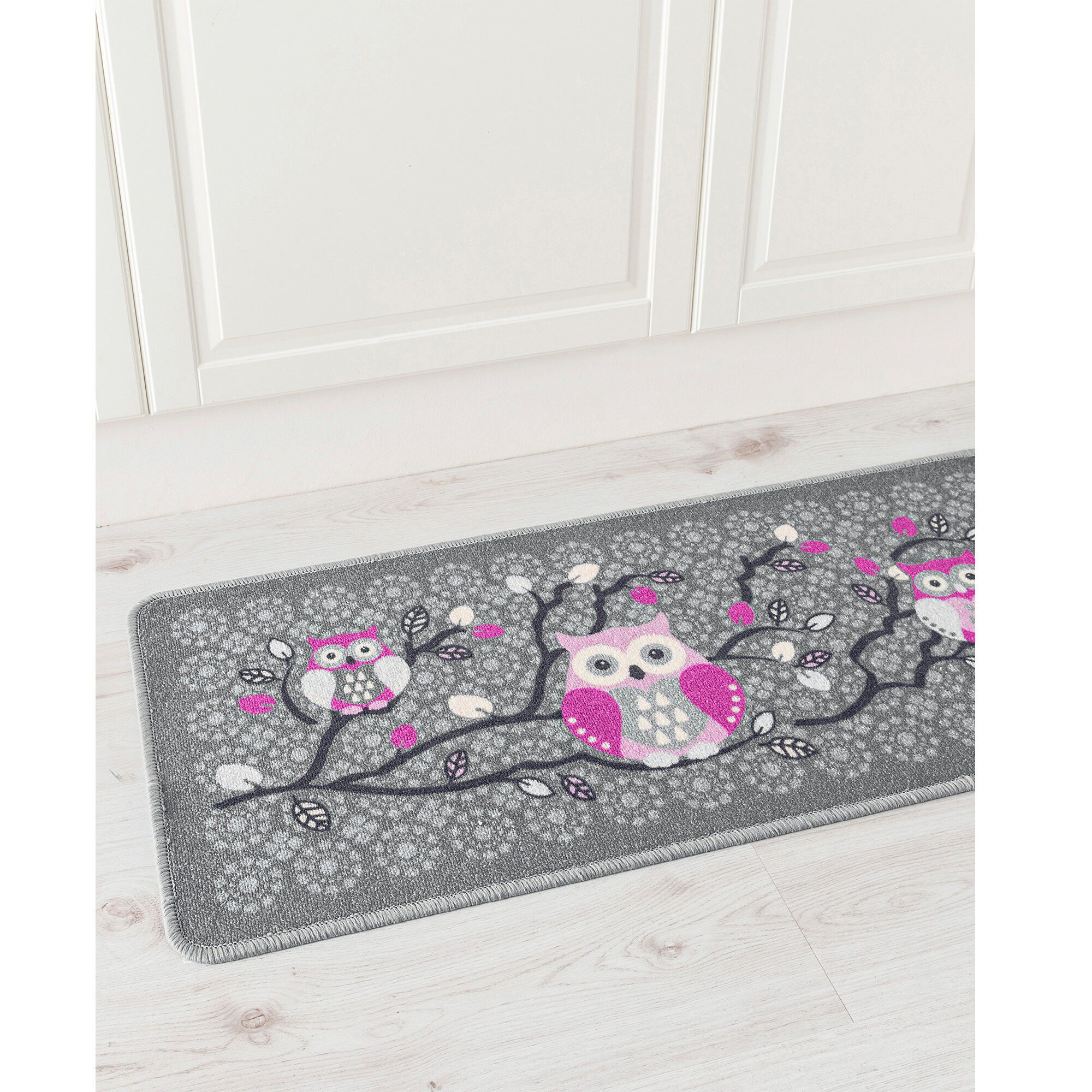 Tapis cuisine gris imprimé chouettes