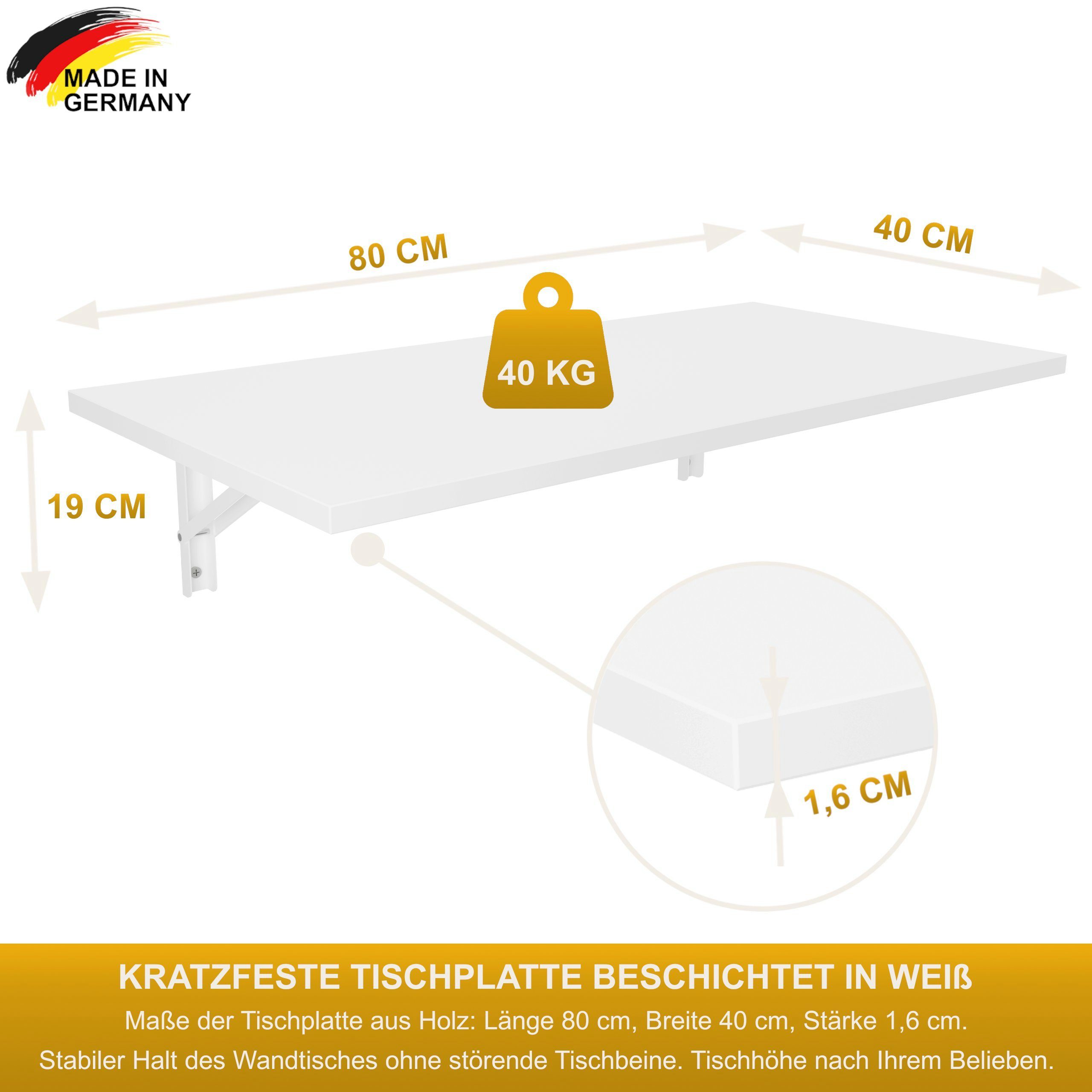 KDR Produktgestaltung Klapptisch 80x40 Wandklapptisch Esstisch Küchentisch Schreibtisch Wand Tisch, Weiß