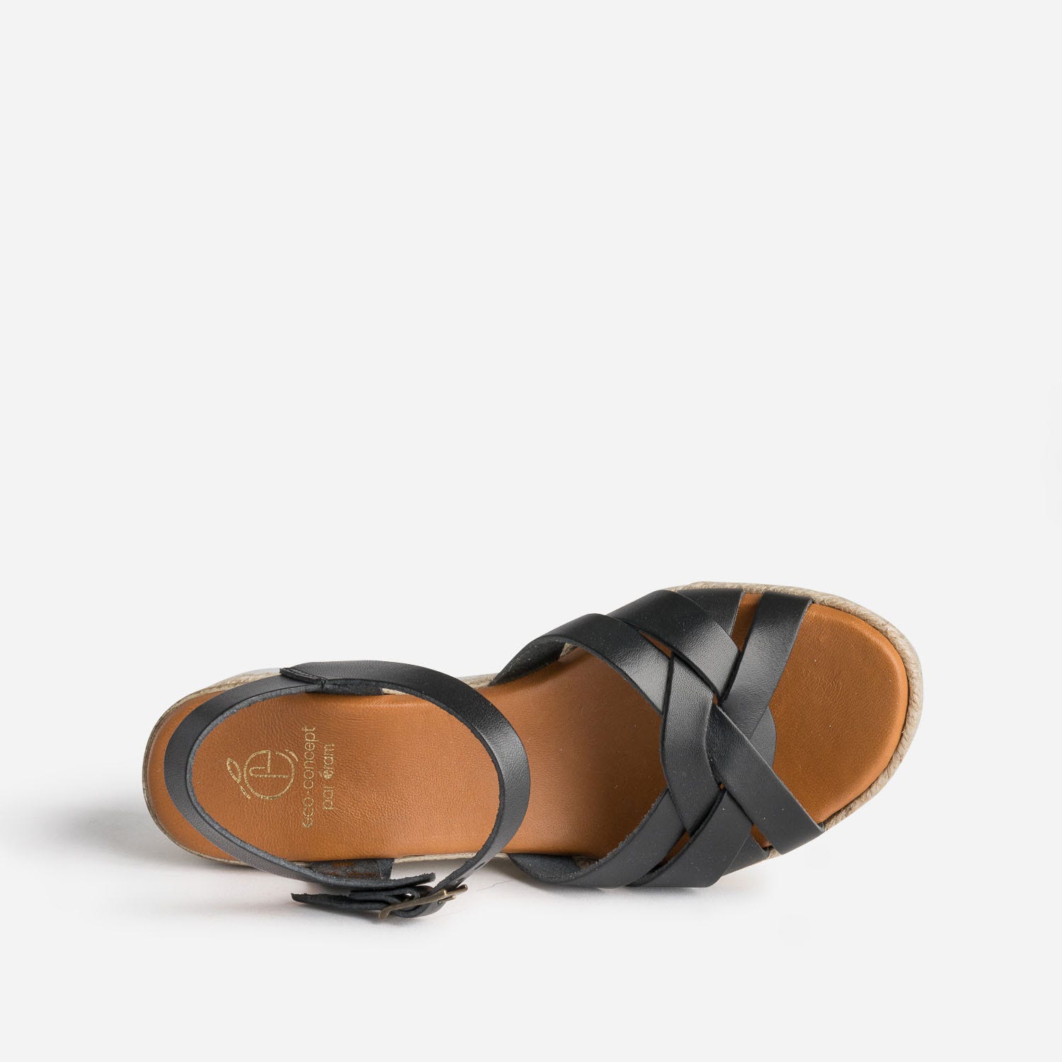 Sandale compensée noire éco-conçue en cuir