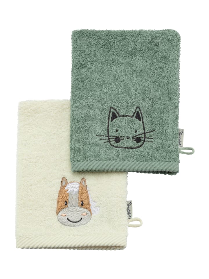 Sterntaler Waschhandschuhe 2er-Pack KATZE Lilly   PFERD Sunny in sattes grün günstig kaufen onesize