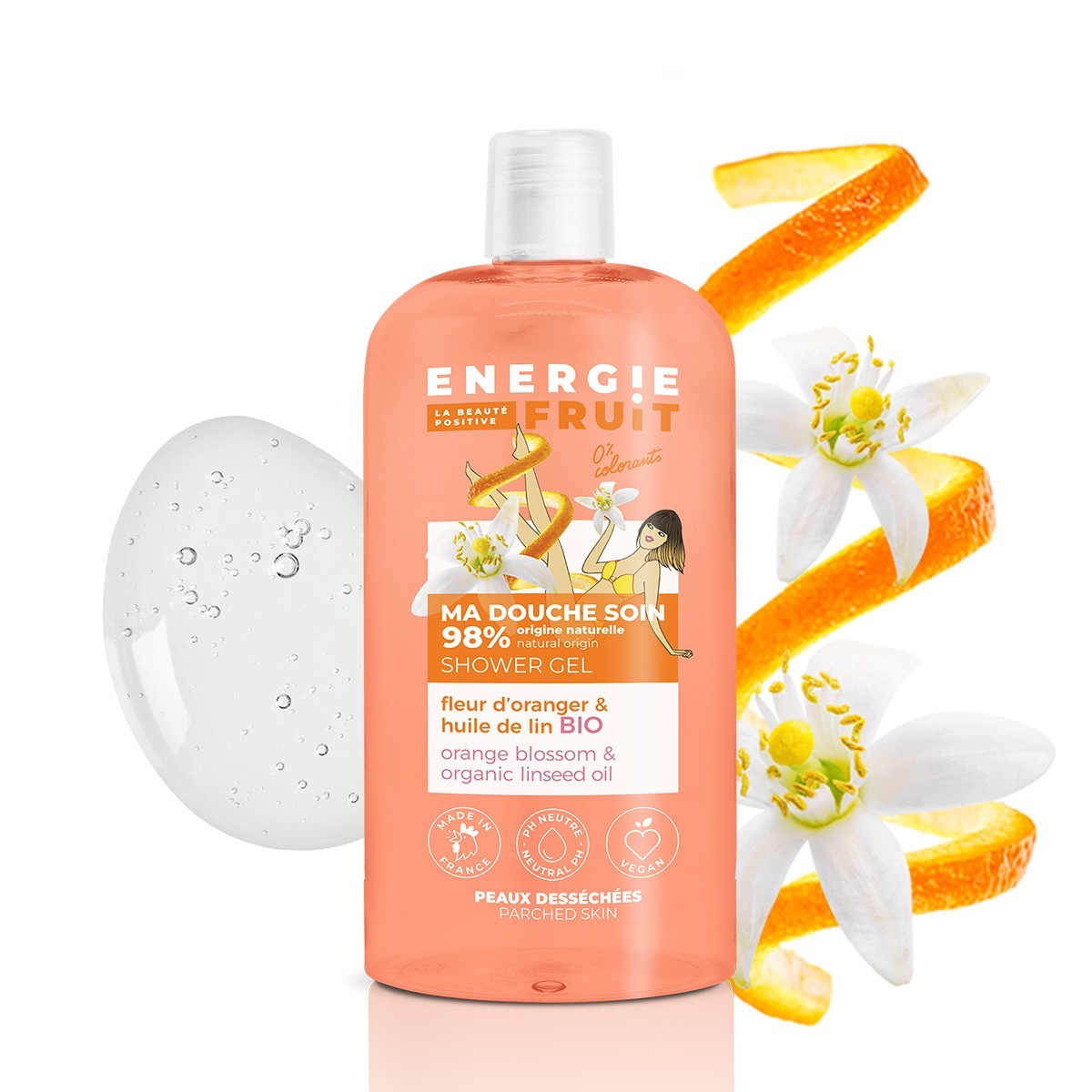 „Energie Fruit“ dušo želė su apelsinų žiedais ir ekologišku linų sėmenų aliejumi