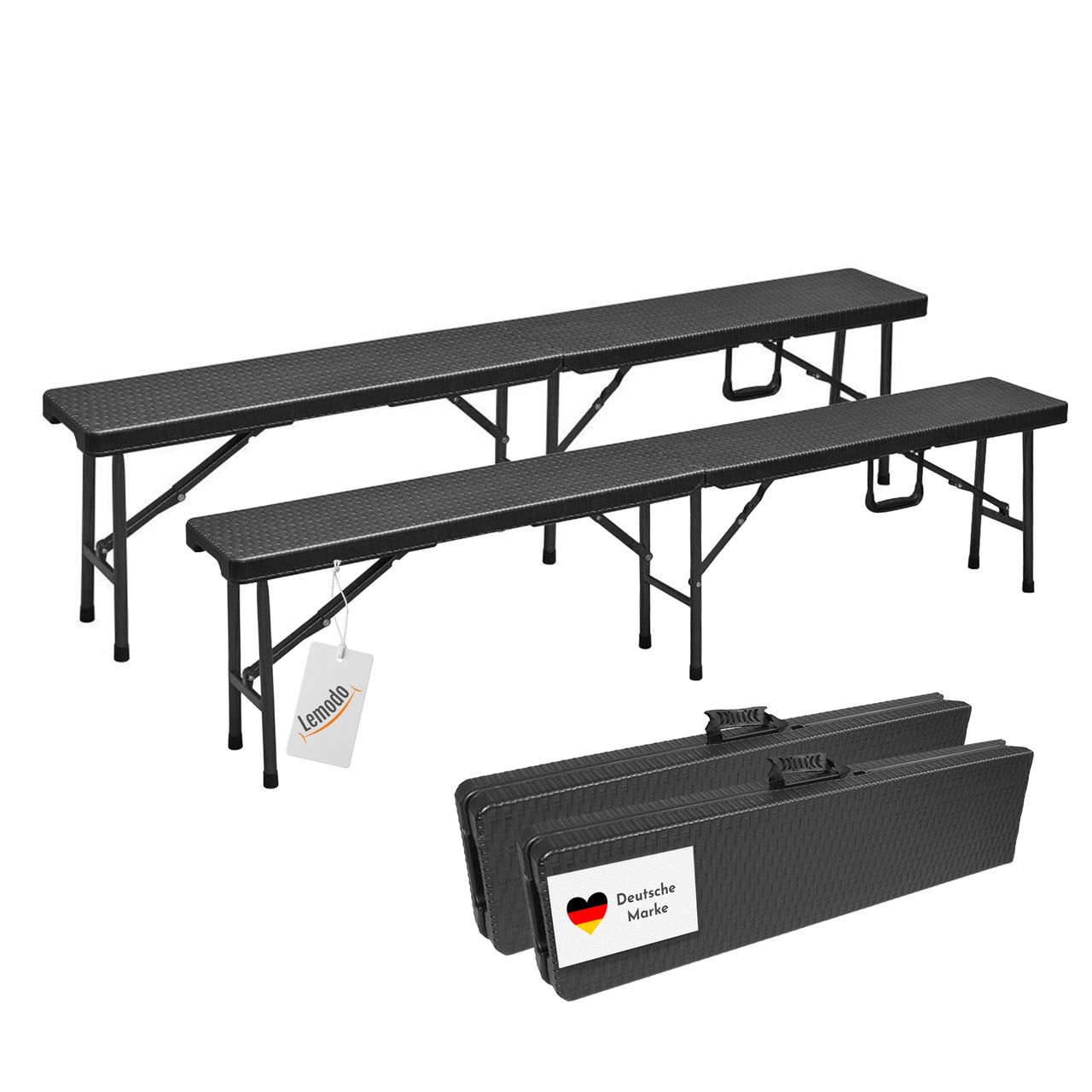 Lemodo Klappbank im 2er Set, mobile Sitzbank 180 x 25 cm in Rattan-Optik, klappbare Bierbank