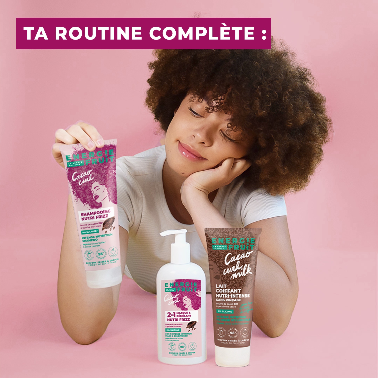 Șampon Energie Fruit Nutri Frizz - Fără sulfați - Pentru păr creț până la creț - Unt de cacao și pudră de cacao organice