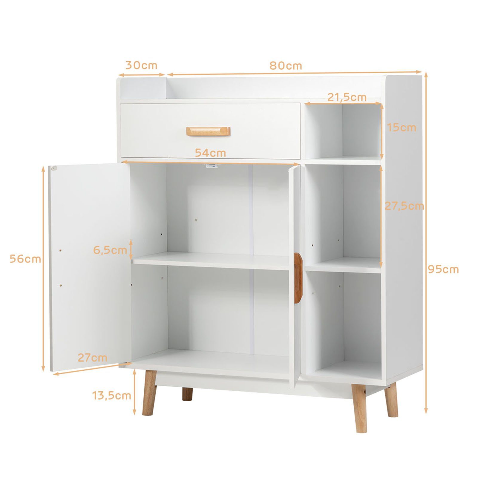 COSTWAY Kommode, mit Schublade&Fächern, aus Holz, stehend, 80x30x95cm, weiß