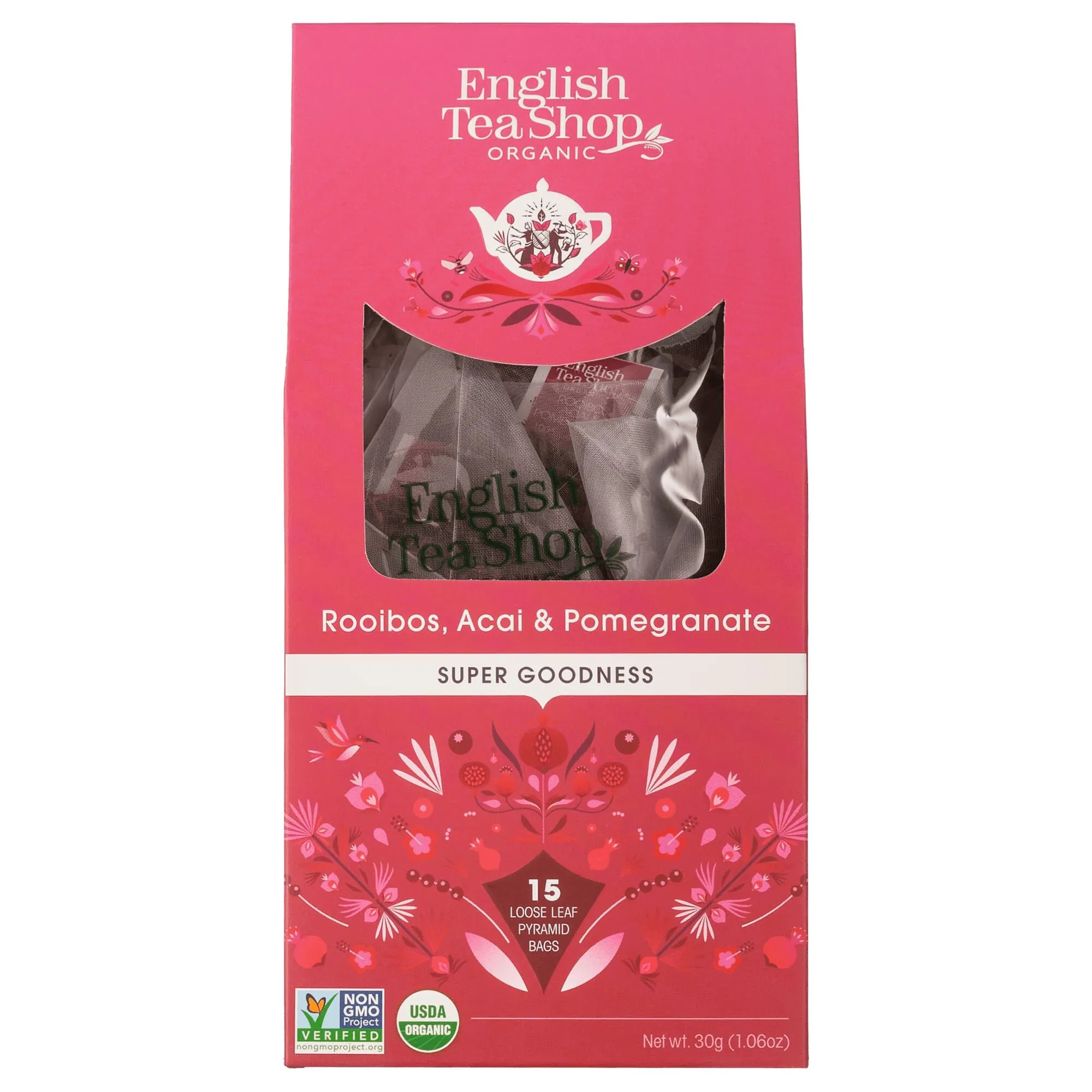 „English Tea Shop“ rooibos acai ir granatų lapelių arbata, 15 piramidžių