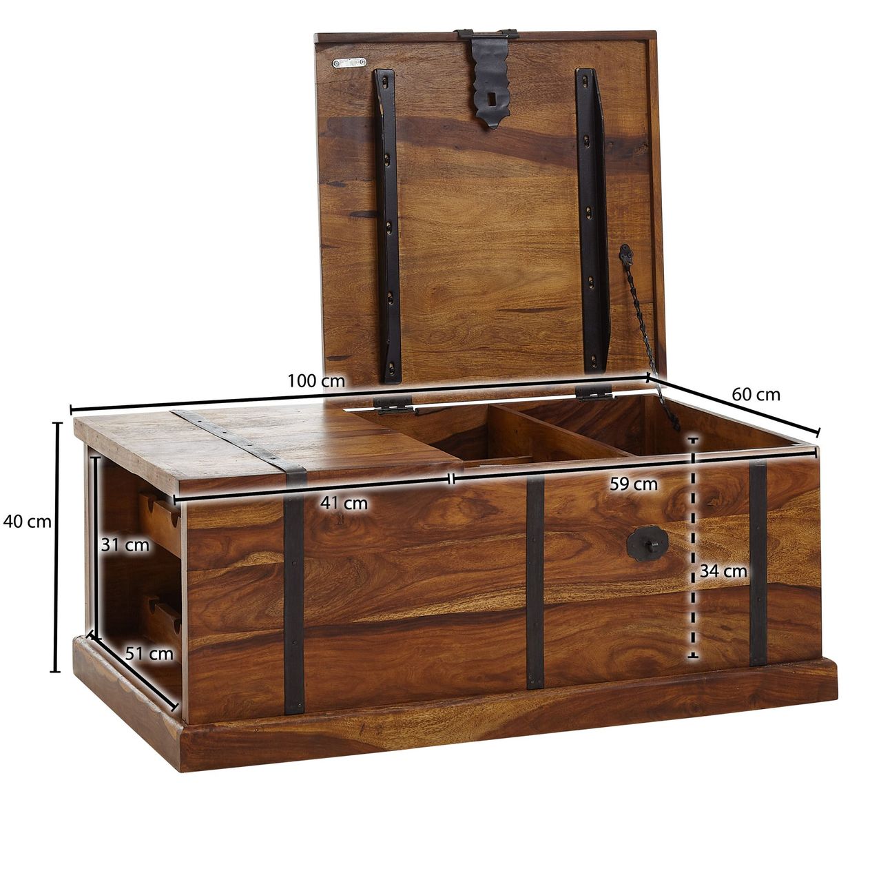 Wohnling Couchtisch 100x60x40 cm Truhentisch Massivholz Tisch Wohnzimmer Modern