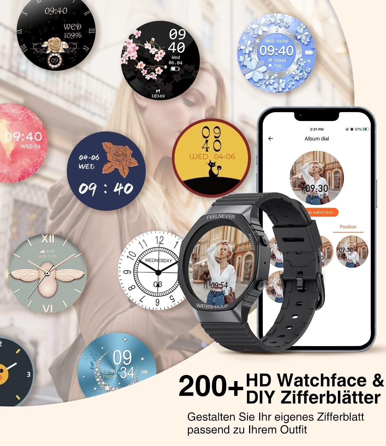 Mutoy Smartwatch Damen Herren Fitnessuhr Fitness Tracker Smartwatch (1,32 Zoll Runde Voll Touchscreen Zoll) Telefon Uhr mit Anruffunktion,IP67 Wasserdicht Fitness Uhr, mit Pulsmesser Schrittzähler Schlafmonitor, Sportuhr, Aktivitätstracker, Uhren Wat
