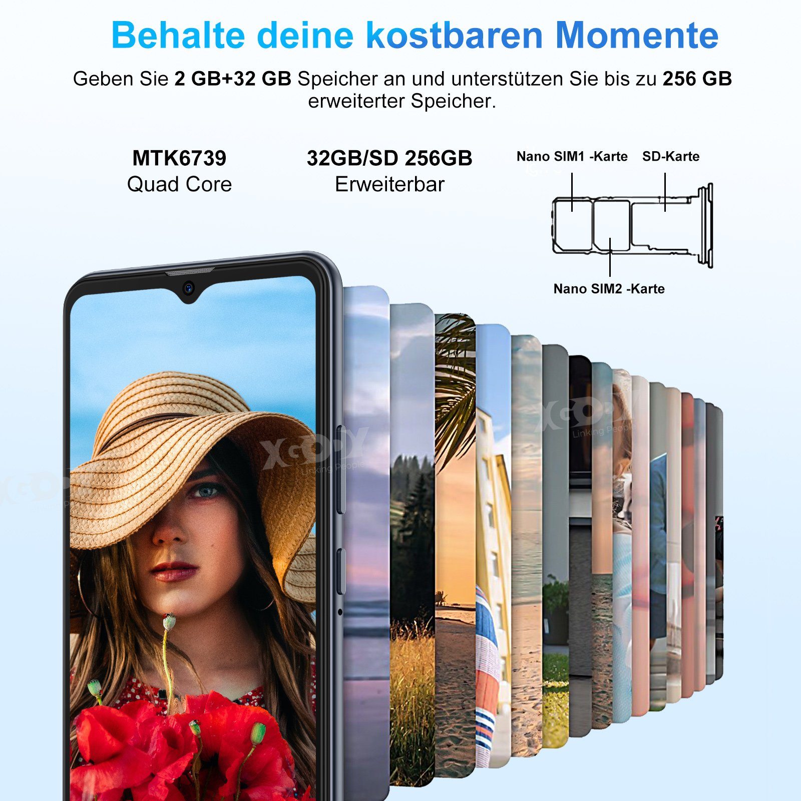 XGODY A53 2G RAM,32G ROM,Android 10.0 Smartphone (16,50 cm/6.52 Zoll, 32 GB Speicherplatz, 13 MP Kamera, Gesichtserkennung, Dual-SIM, Erweiterung Speicher Max. 256GB)