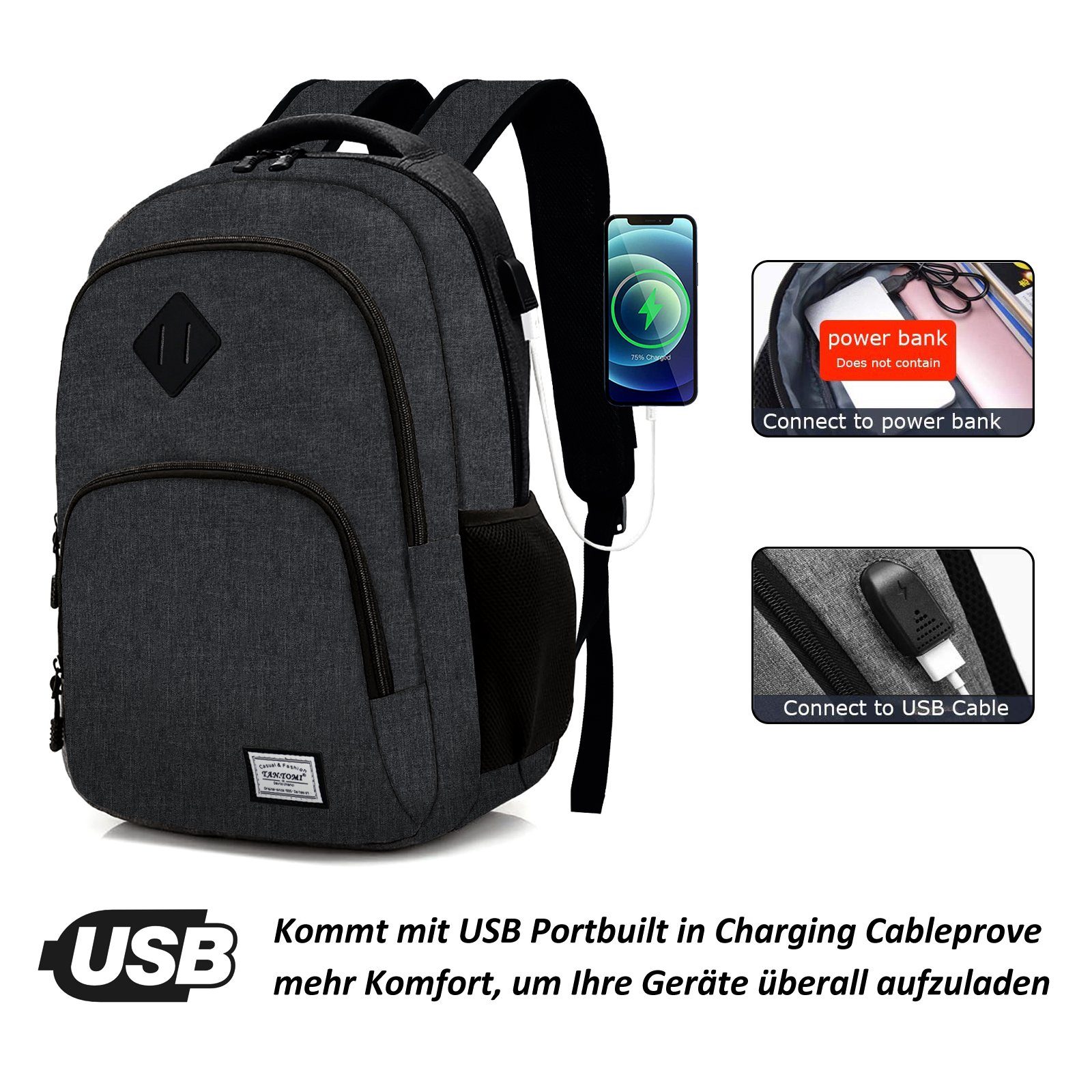 TAN.TOMI Freizeitrucksack Laptop Rucksack Herren Damen Große Kapazität Casual Rucksack, für 15,6