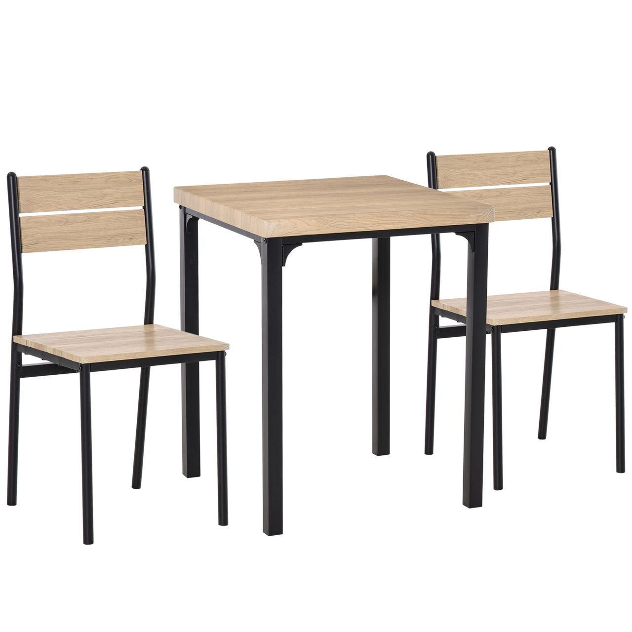 HOMCOM 3-teilige Essgruppe Küchentisch mit Metallgestell Esszimmergruppe Sitzgruppe Esstisch Set Holztisch Naturholzmaserung   Schwarz mit 1 Tisch   2 Stühlen
