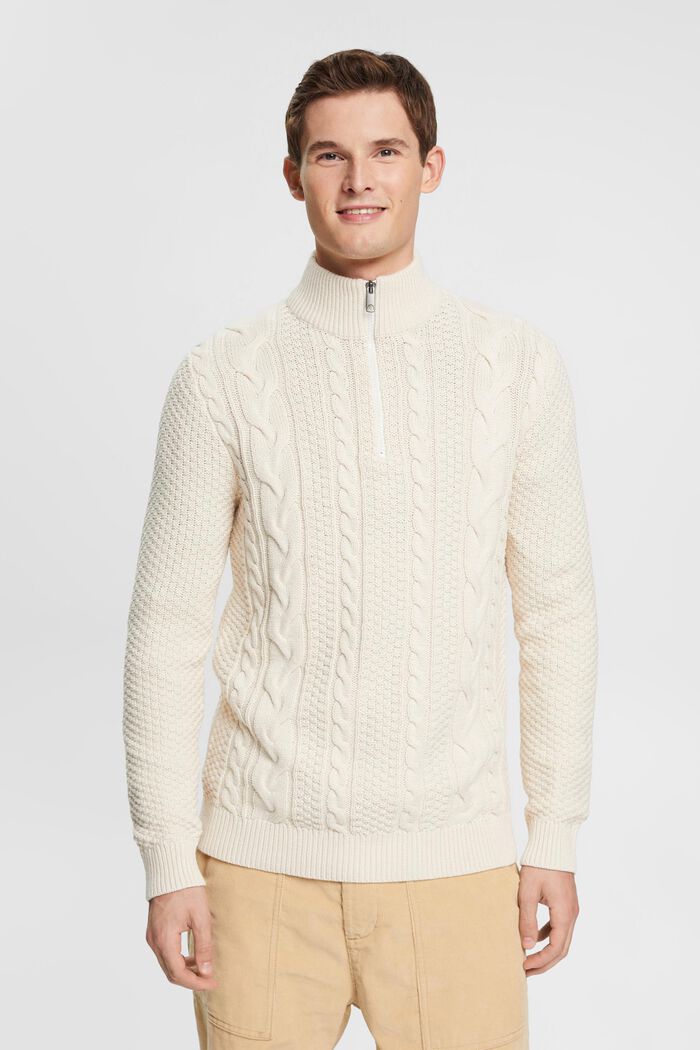 Zopfstrickpullover mit kurzem Reißverschluss